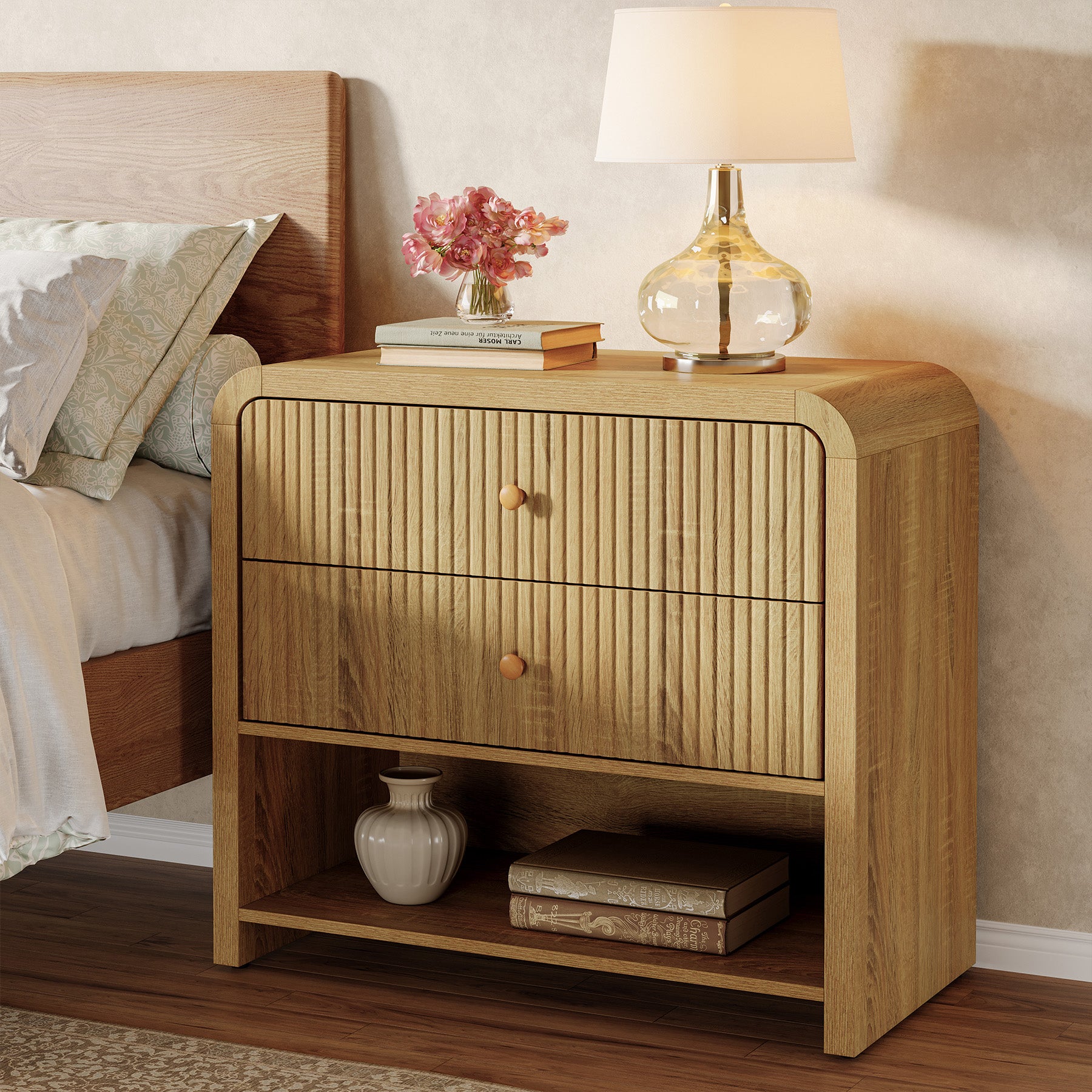 Oversized Nightstand with 2 Drawers, 31.5" Wide Bedside Table with Open Storage