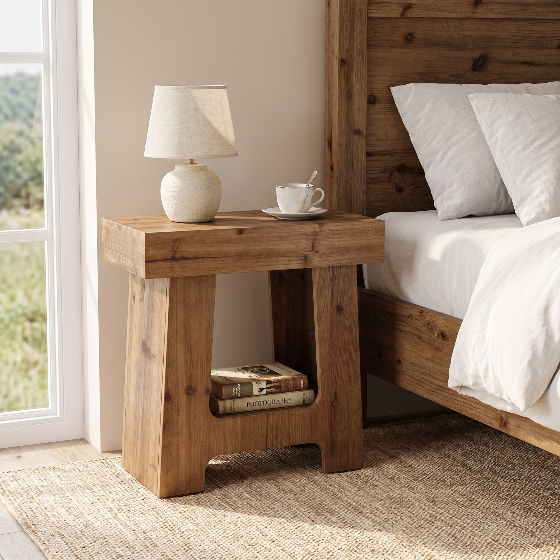 23.6" Solid Wood End Table, 2-Tier Side Table Rectangular Narrow Nightstand