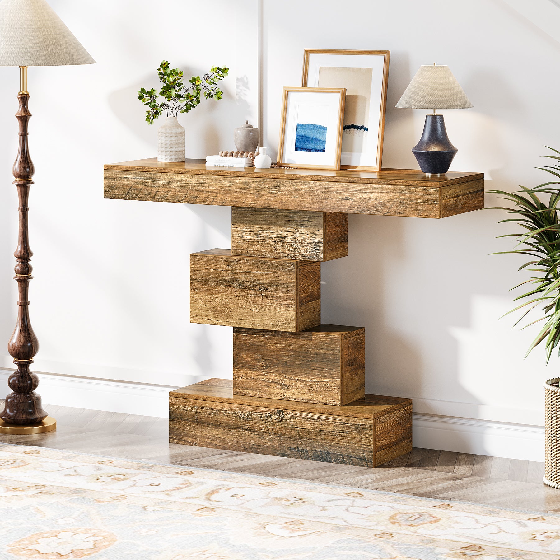 42.5" Rustic Brown Farmhouse Console, Industrial Geometric Sofa Table for Hallway Entrance