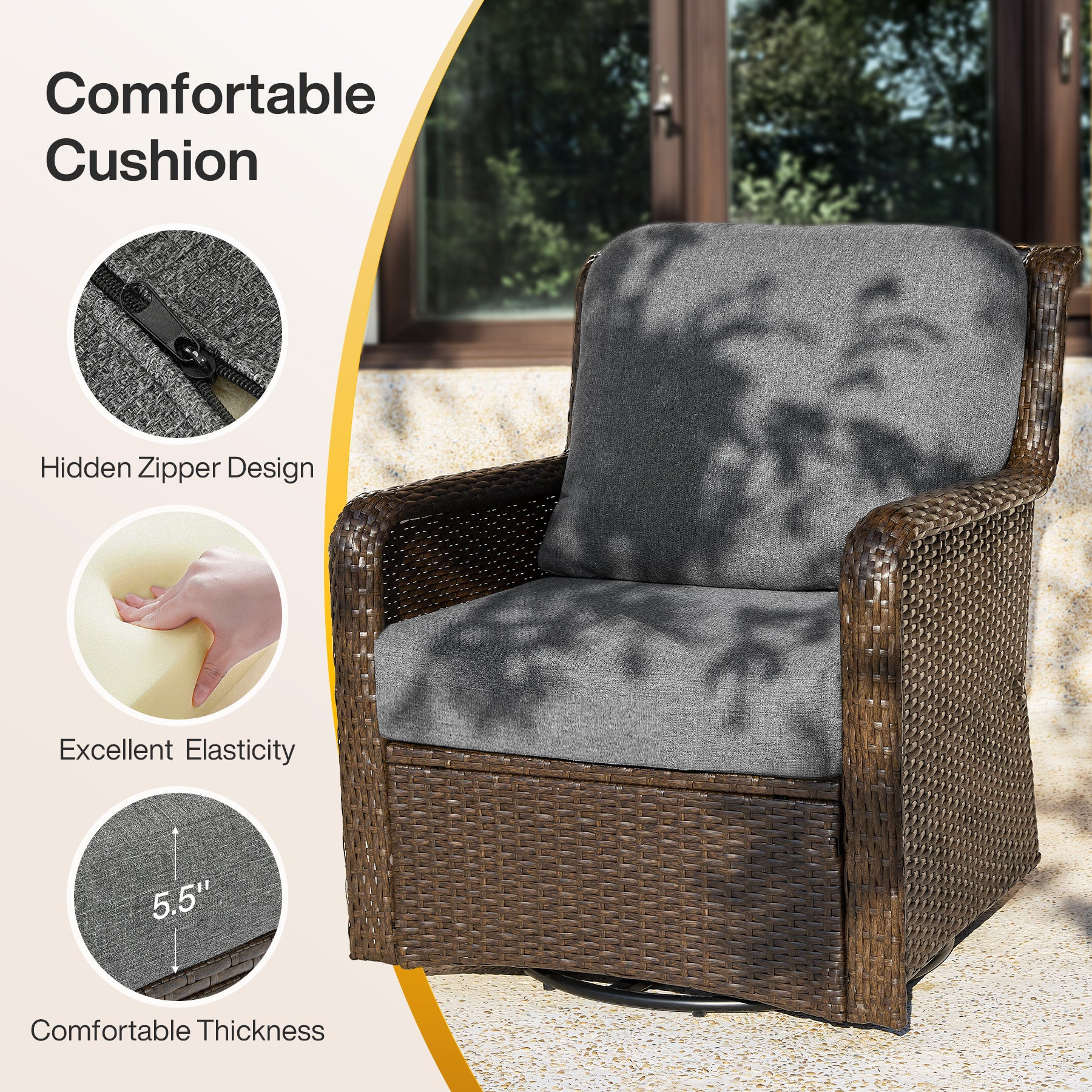 29.53" Outdoor Wicker Swivel Chair, Patio Rattan Rocking Chair with Thick Gray Cushions
