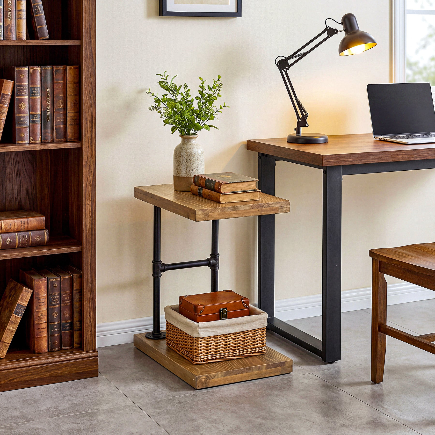 19.7" Solid Wood End Table, 2-Tier Storage Table