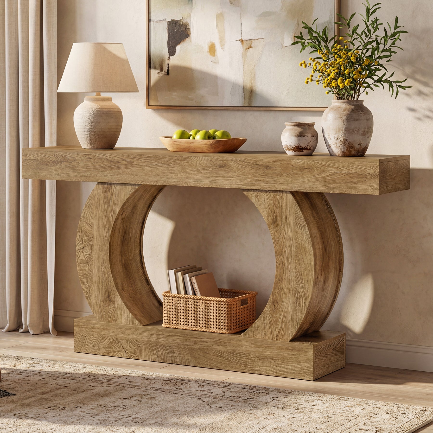 Farmhouse Console Table, 59" Entryway Table with Unique Circular Base for Hallway