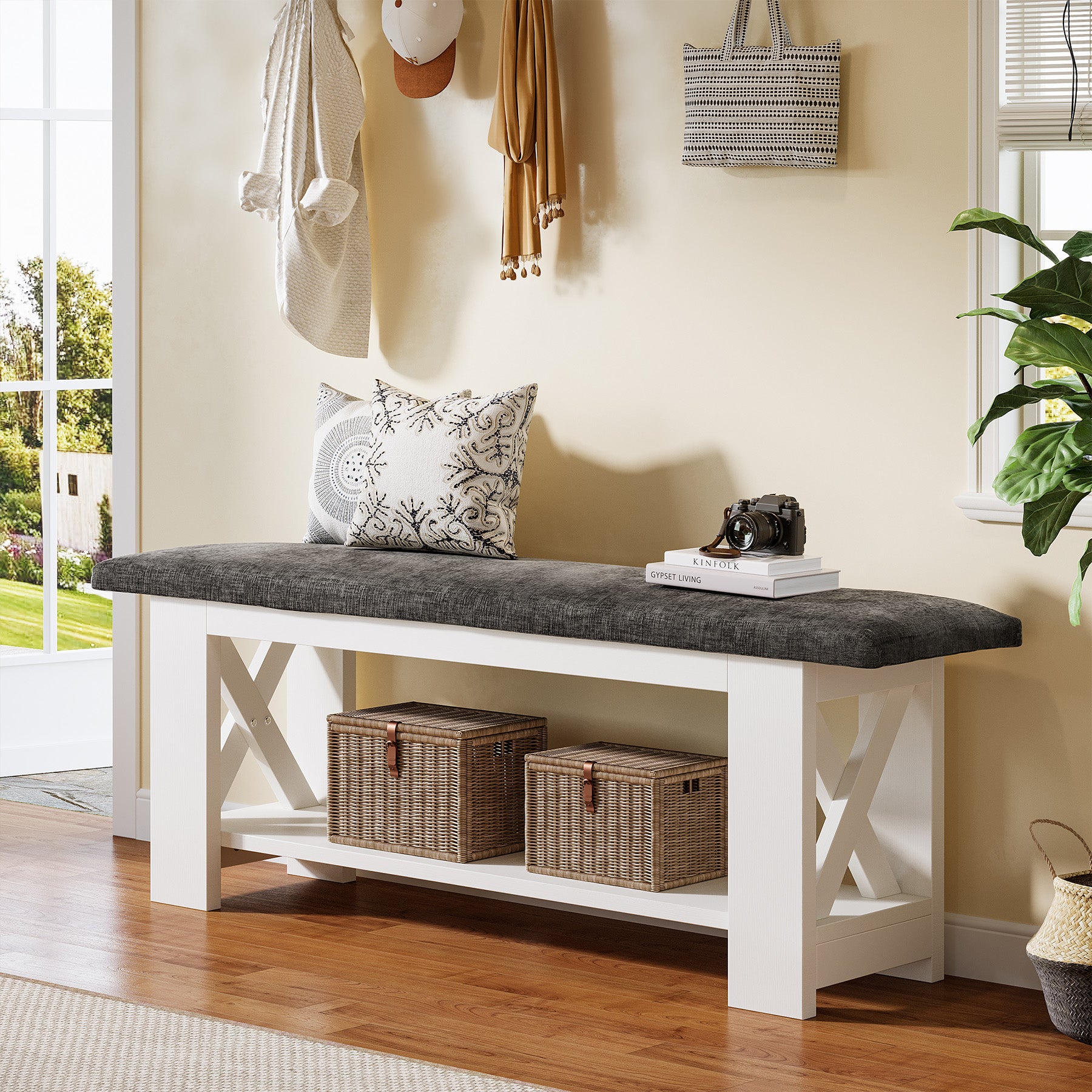 47" Entryway Bench with Padded Cushion, 2-Tier Shoe Rack Storage Bench