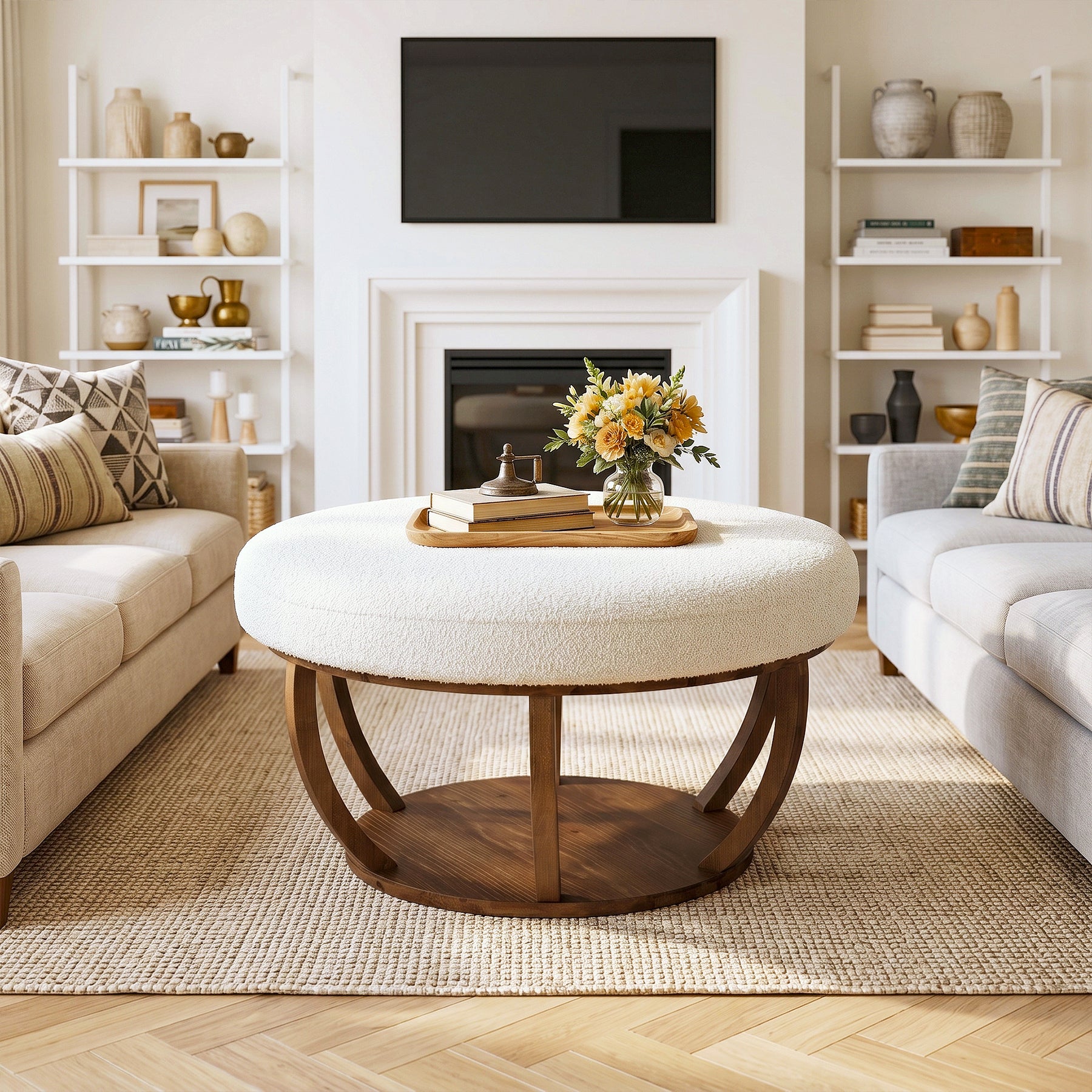 31.5" Round Coffee Table, Modern Footrest Ottoman Center Table with Solid Wood Frame