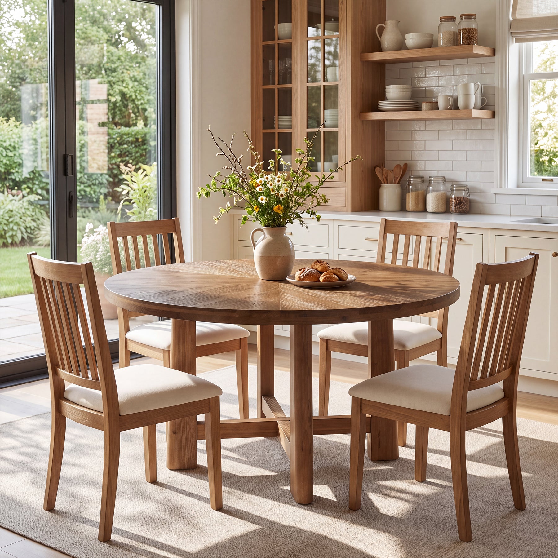 47" Round Farmhouse Dining Table for 6, Solid Wood Kitchen Table, Dining Room Living Room