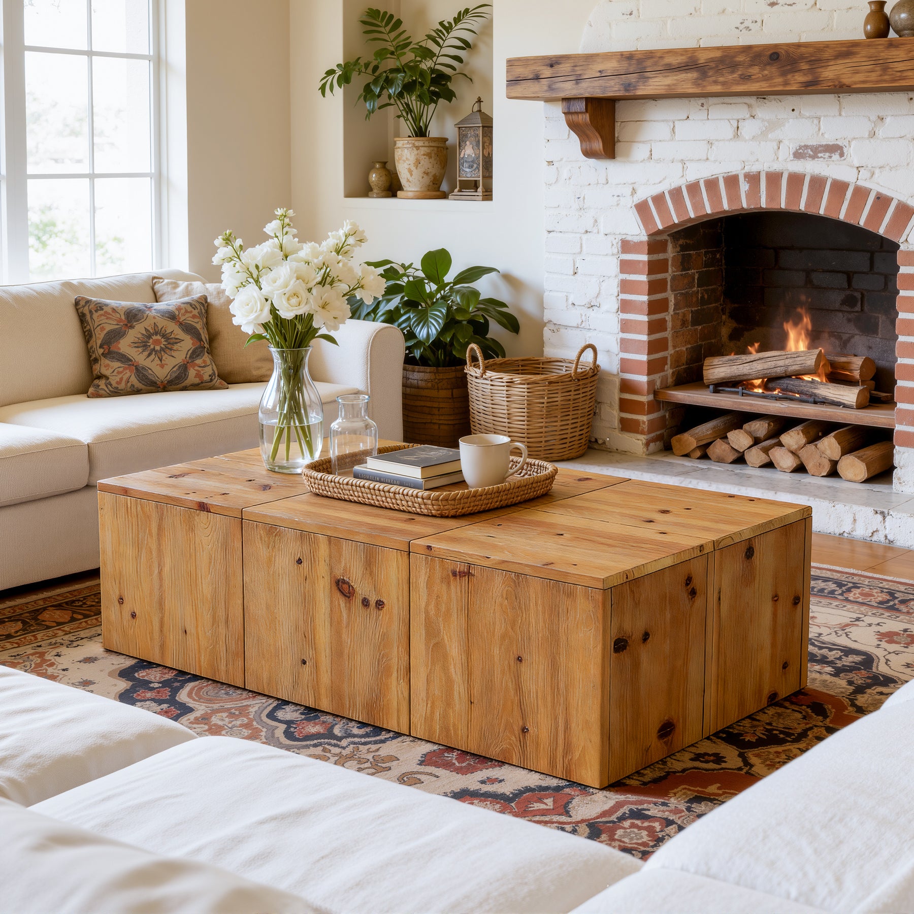 47" Rectangle Coffee Table, Solid Wood Center Table with Natural Wood Grain