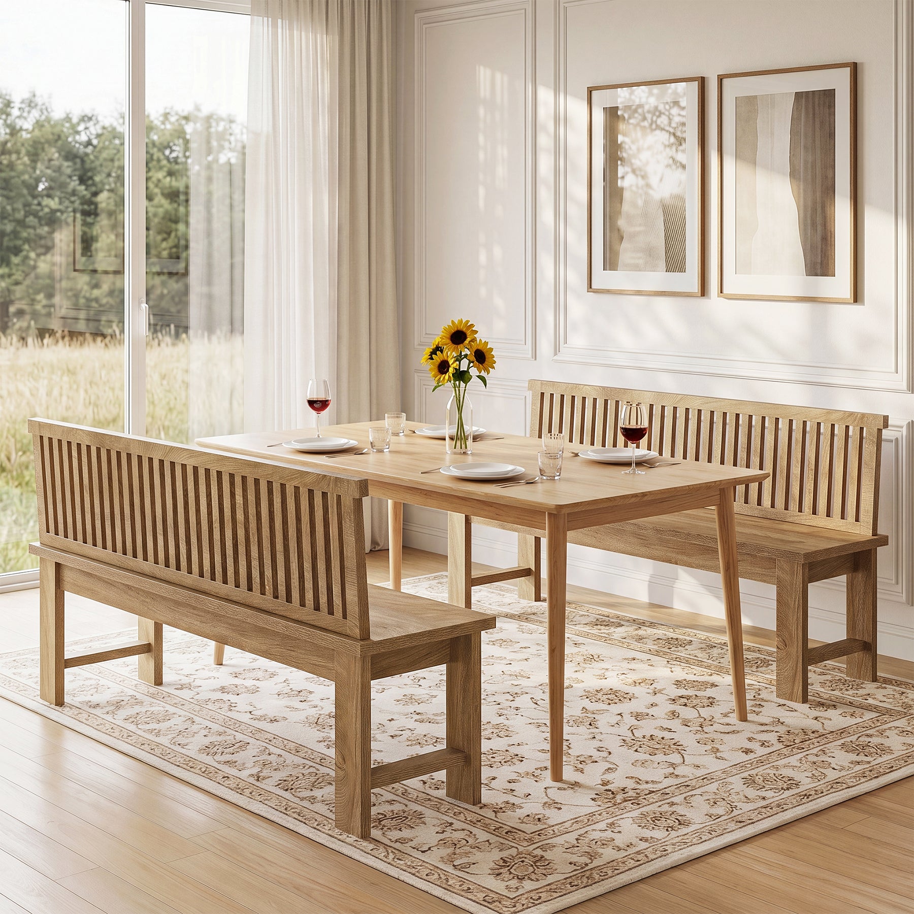 55" Farmhouse Dining Bench with Vertical Stripes Backrest for Kitchen, Dining Room