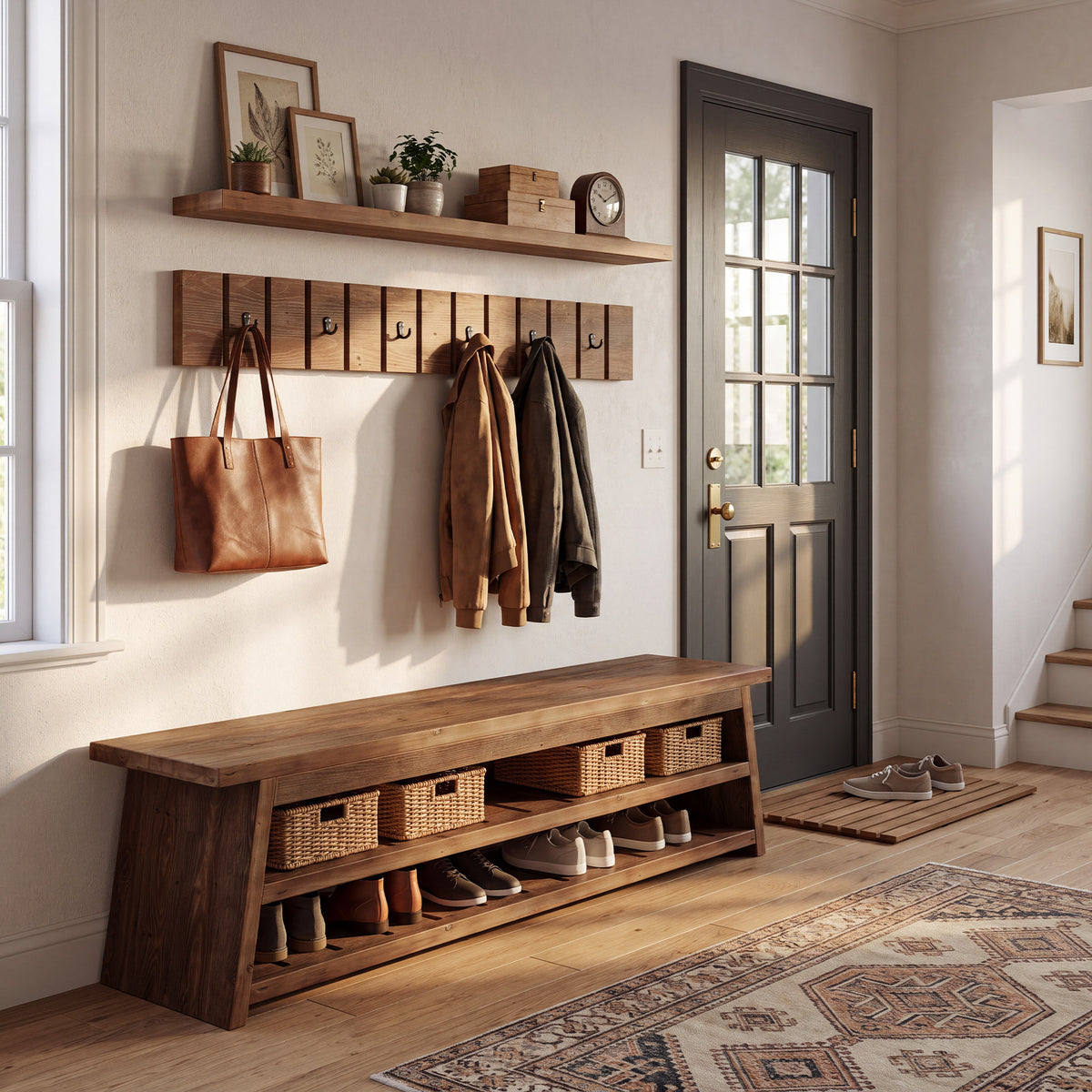 3-Piece Solid Wood Entryway Set, 63" W Coat Rack Set with Bench
