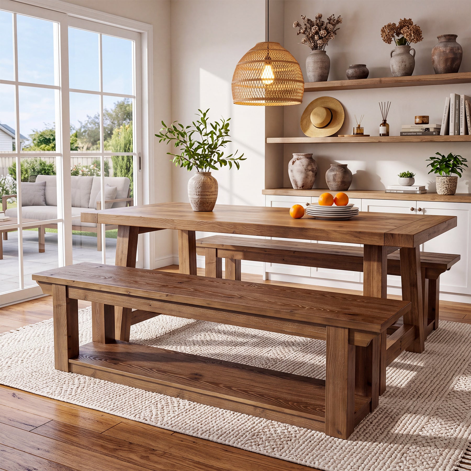 63" Dining Bench with Storage, Farmhouse Solid Wood 2-Tier, Kitchen & Dining Room