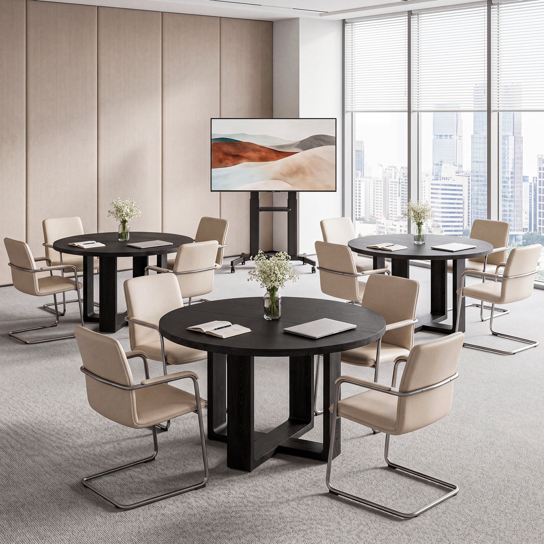 47.24" Black Solid Wood Conference Table, Round Meeting Table for 4–6 People with Cross-Shaped Base
