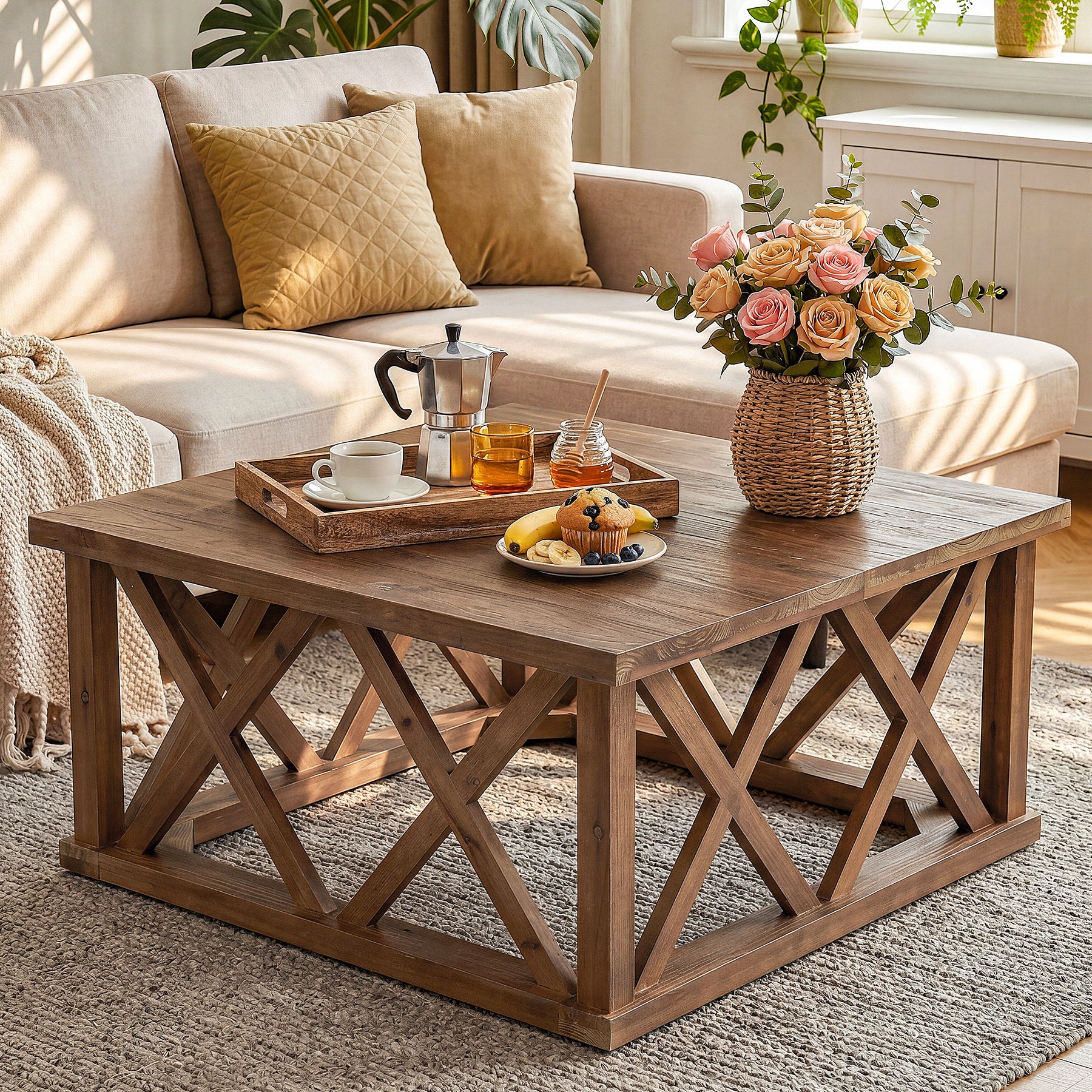 Tribesigns 39.37" Solid Wood Coffee Table, Square Farmhouse Table for Living Room