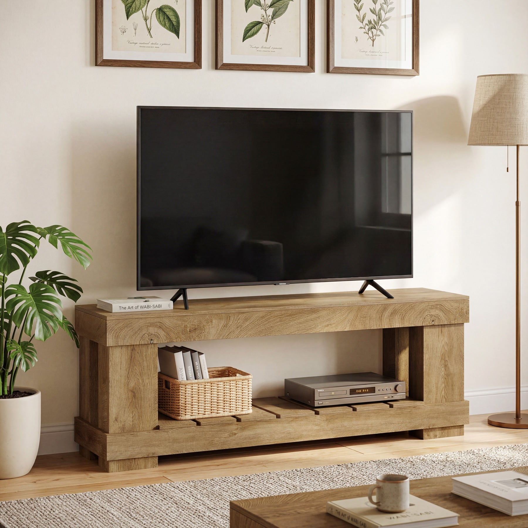 63" TV Stand for 55-70 Inch TVs, Modern Rustic Media Console with Open Storage Shelf