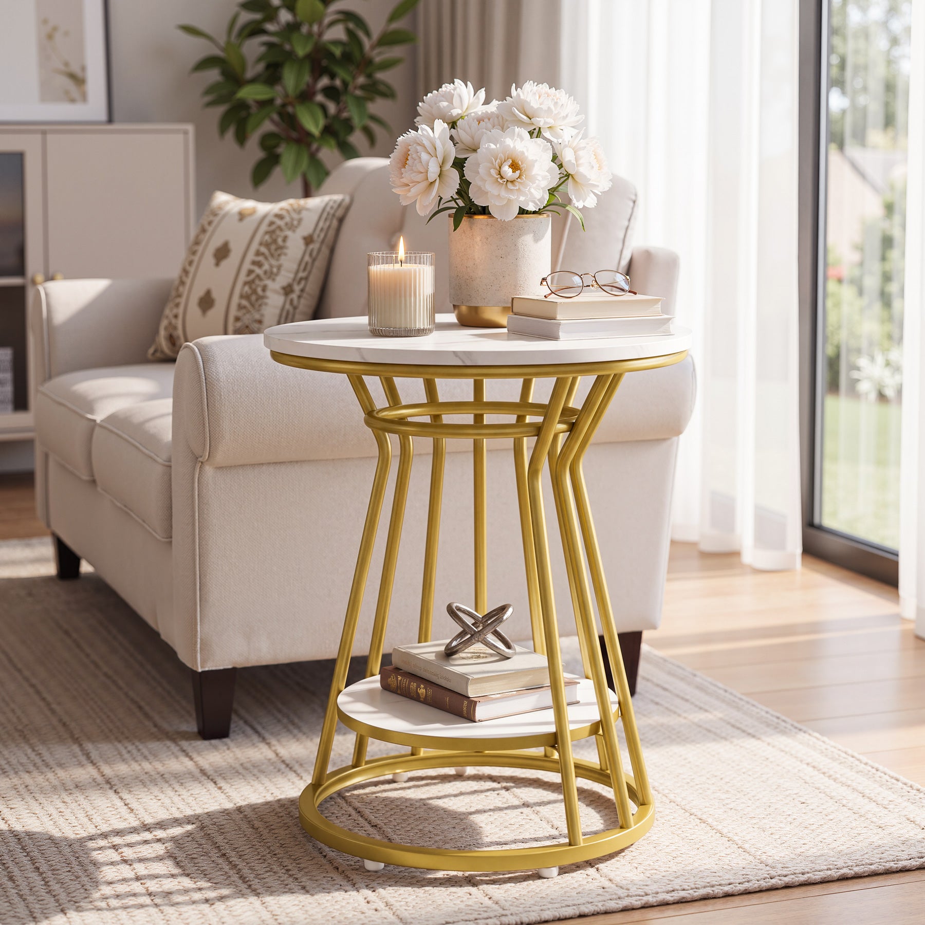 Round End Table, 2-Tier Accent Side Table with Faux Marble Veneer & Metal Frame