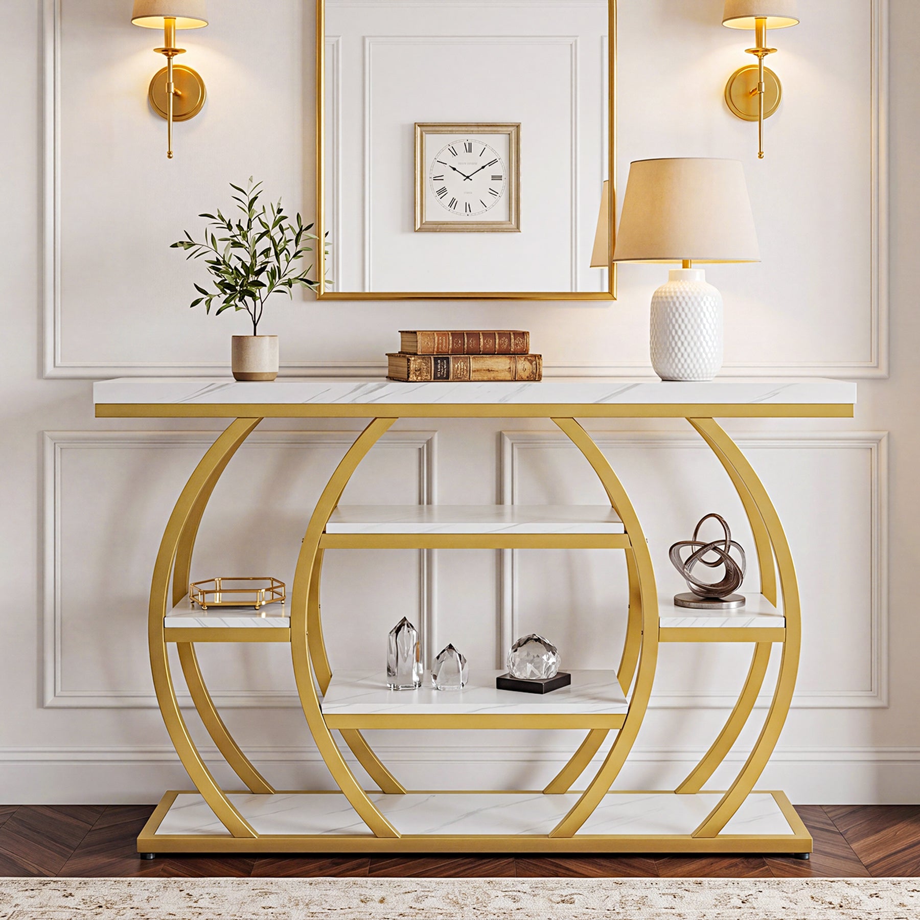 41" Gold Entryway Console Table with Faux Marble Top, Narrow Sofa Table with 5-Tier Storage Shelves