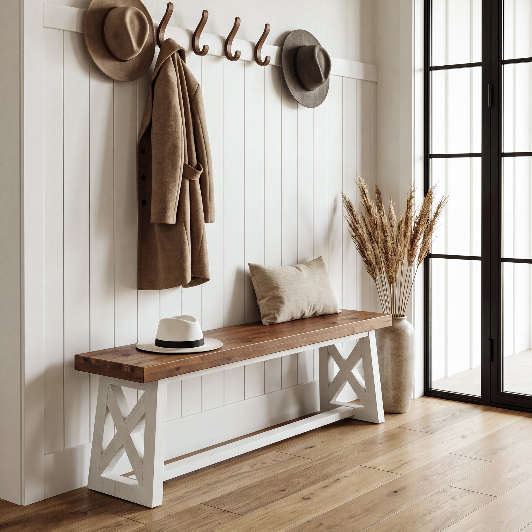 55" Farmhouse X-Leg Bench, Solid Wood Long Entryway Hallway Bench, Dining Room