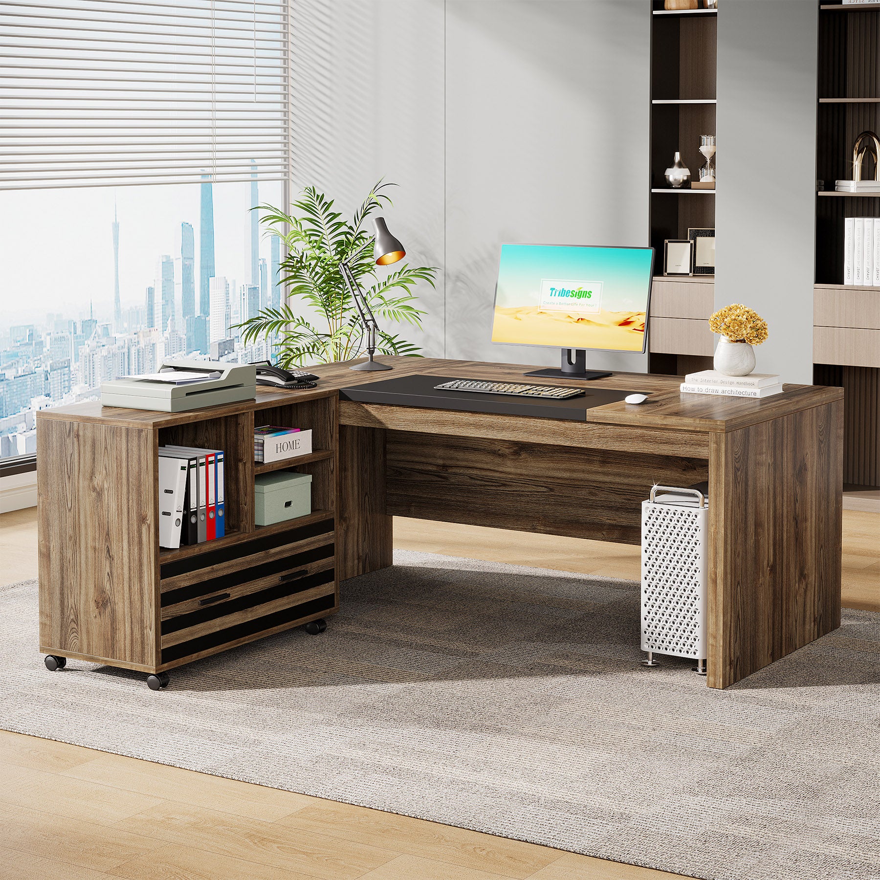 66.2" L-Shaped Executive Desk, Computer Desk with Mobile File Cabinet