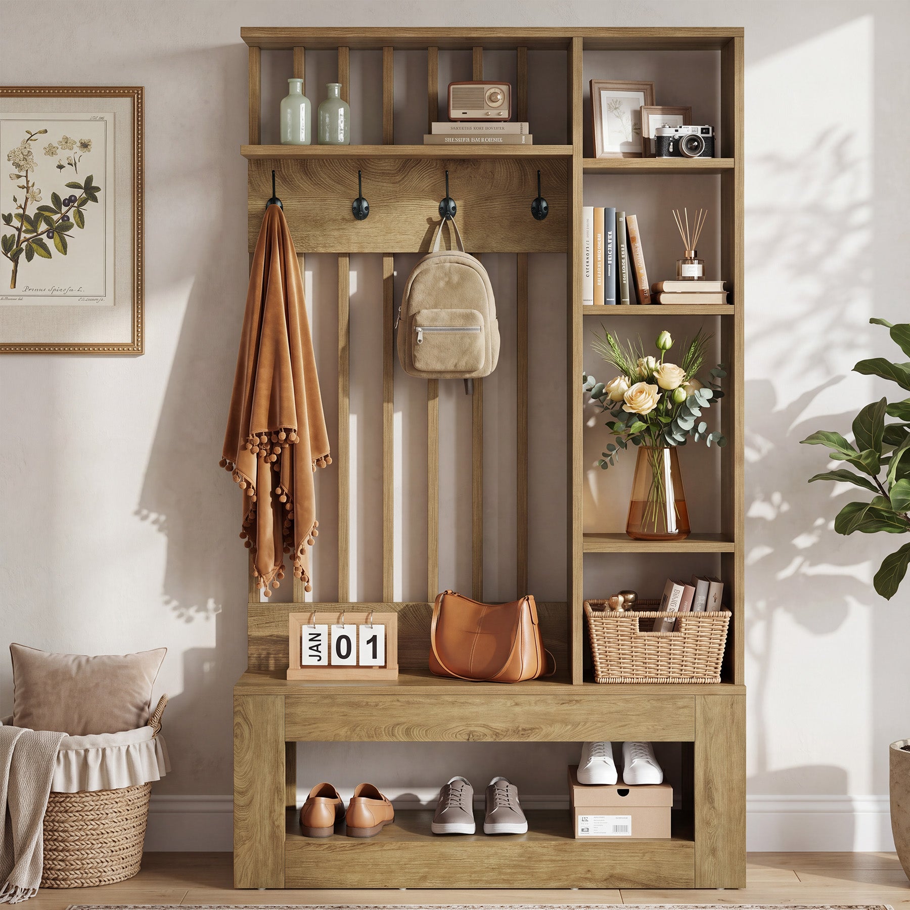 70.8" Tall Hall Tree, 5-in-1 Entryway Bench with Shoe Storage & 5 Storage Cubbies