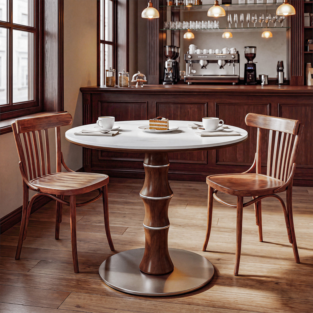 35" Round Sintered Stone Dining Table for 2-4, Rubberwood Pedestal & Stainless Steel Base