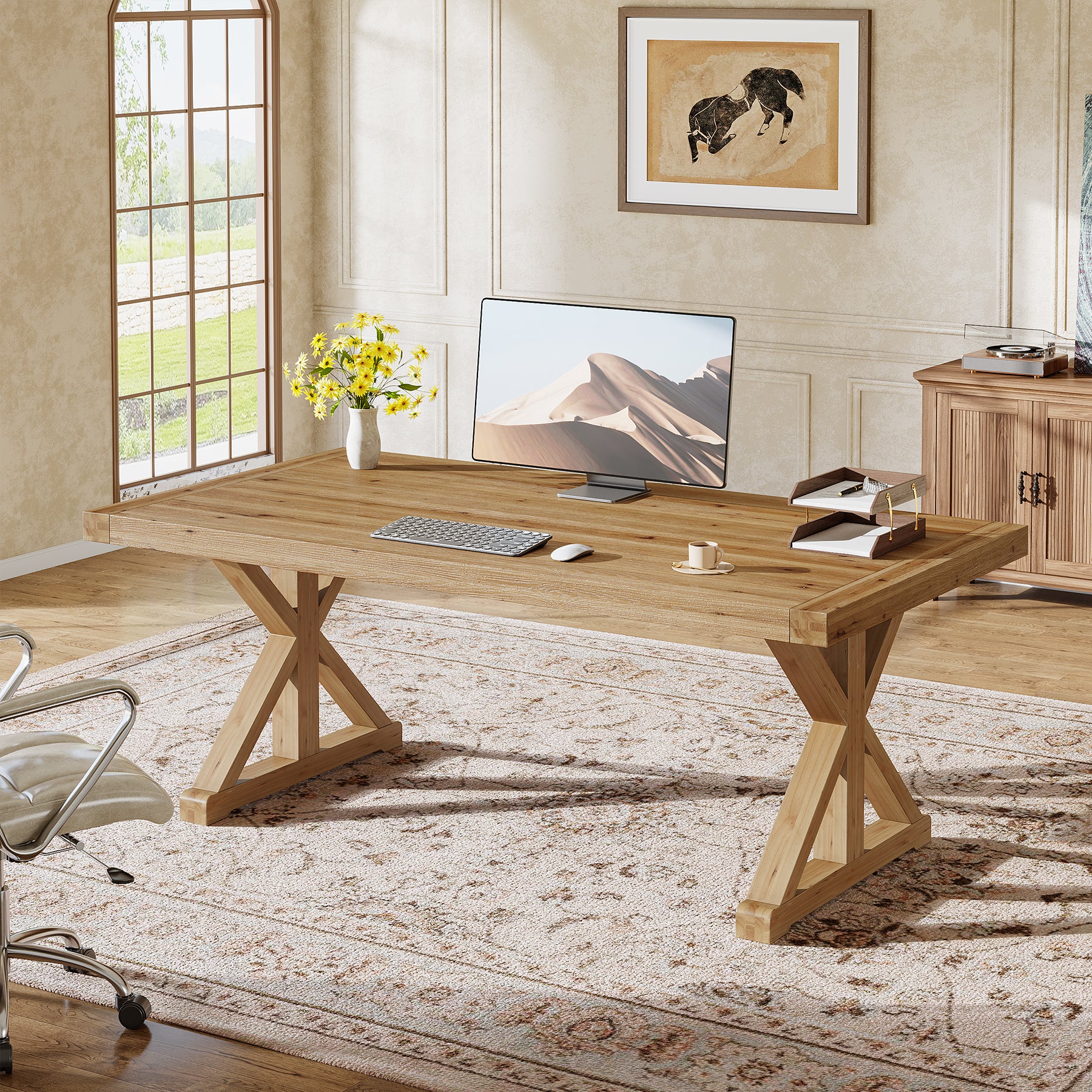 63" Rustic Computer Desk, Solid Wood Executive Desk for Office