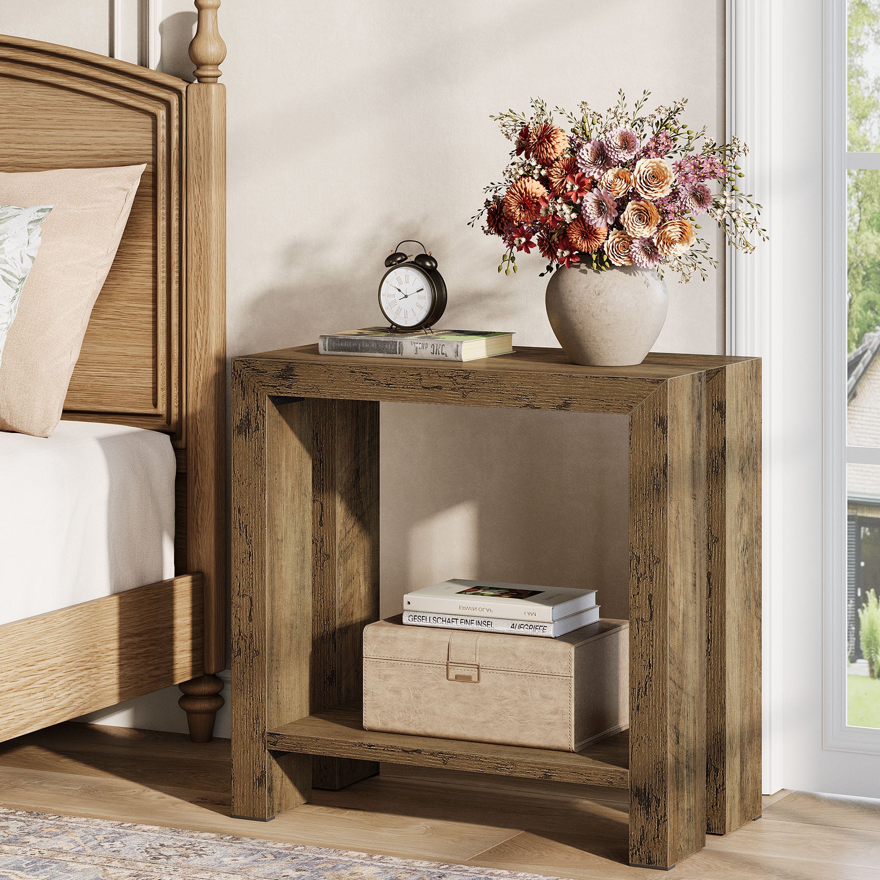 2-Tier End Table, Narrow Side Table Accent Nightstand with Bottom Shelf