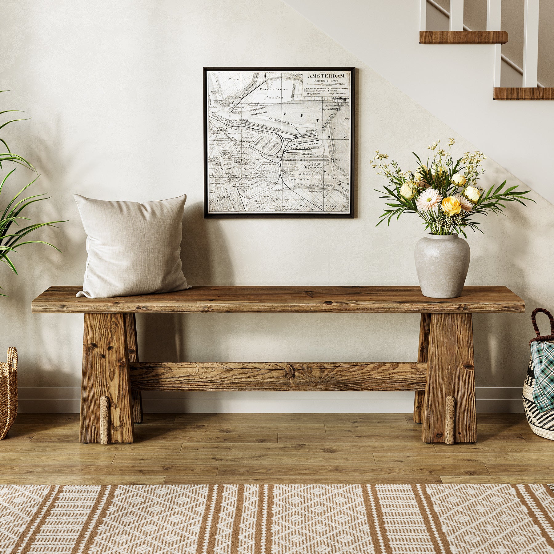 59" Wood Entryway Bench, Traditional Hallway Bench End of Bed Bench