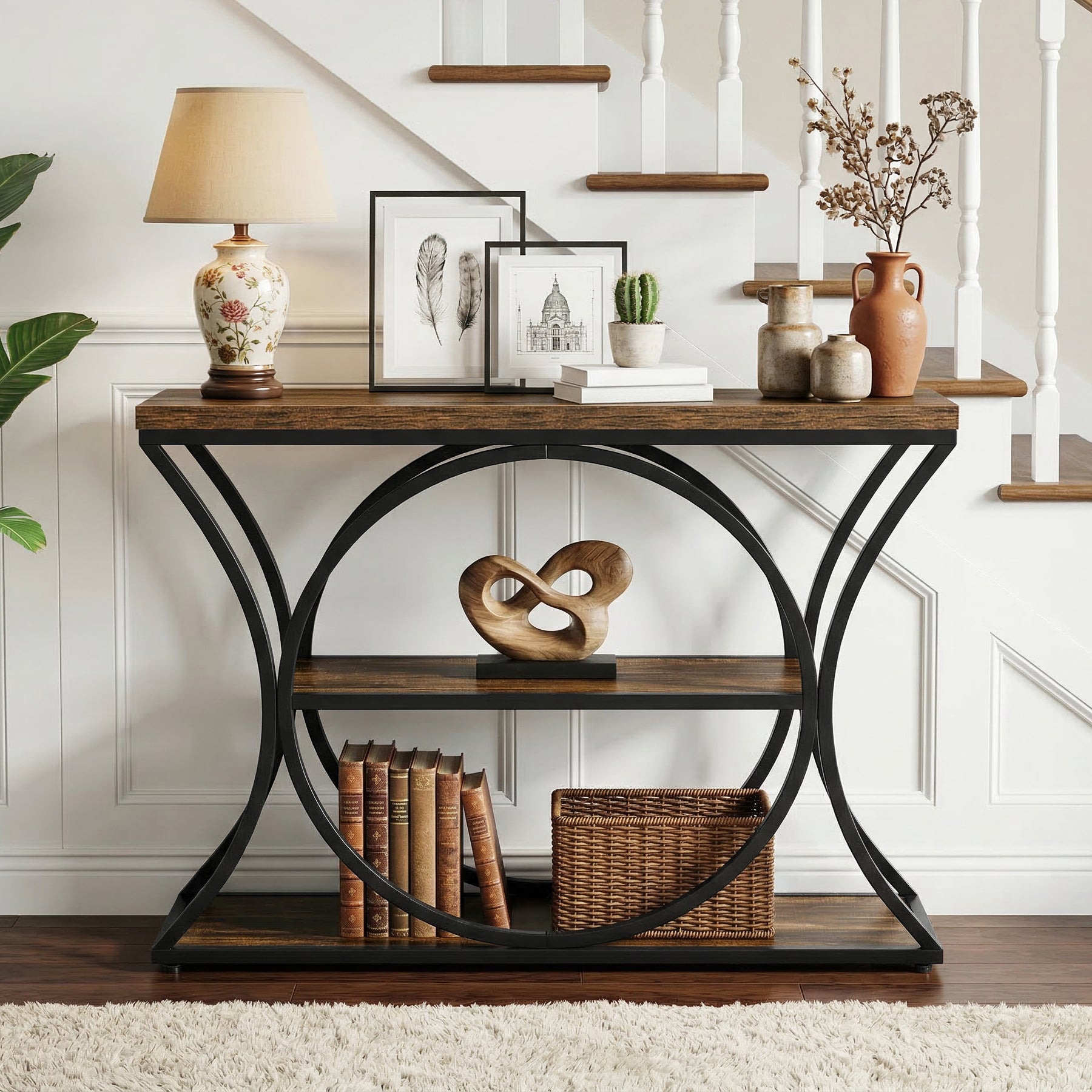 41.3" Industrial Console Table with 3-Tier Storage, Narrow Entryway Sofa Table with Arched Metal Frame