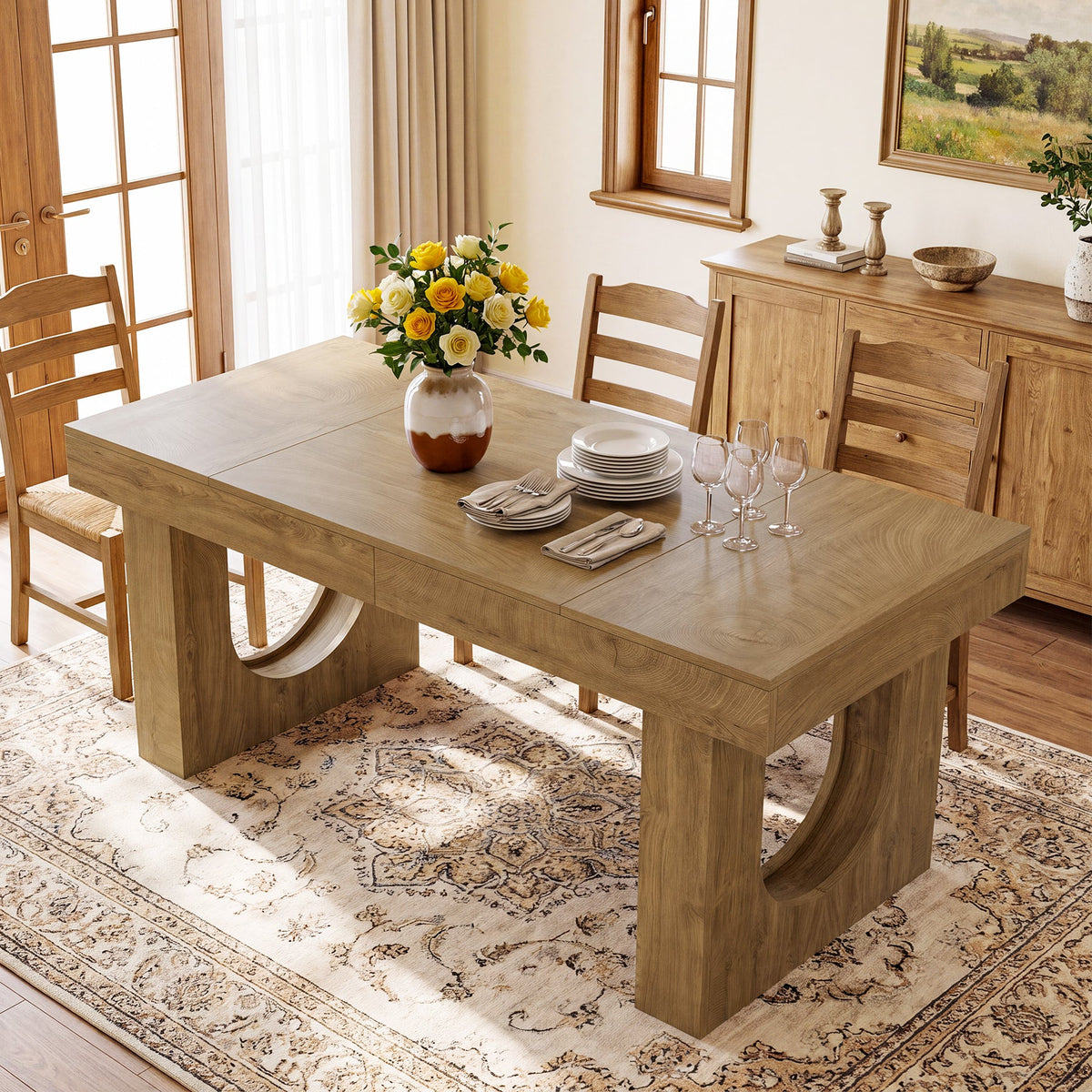55" Farmhouse Dining Table for 4-6, Rectangular Kitchen Table with U-Shape Legs