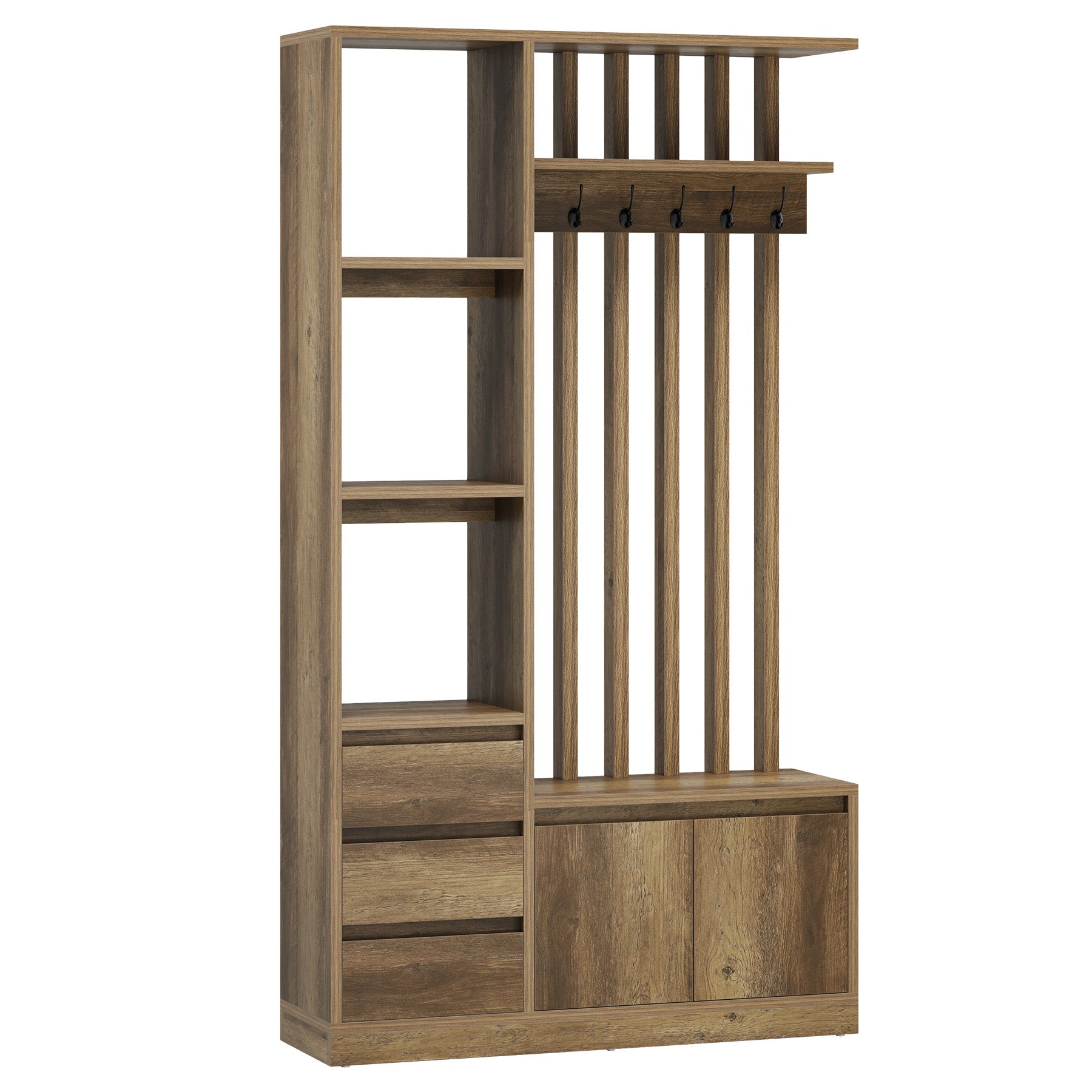 Hall Tree with Bench & Shoe Storage, Farmhouse 6 Hooks, 3 Shelves, 5 Shoe Cubbies, Entryway