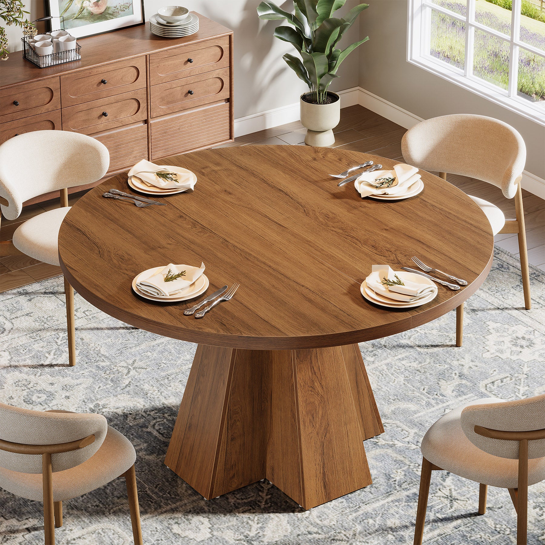 Round Dining Table for 4, Circle Kitchen Table with Pedestal Base