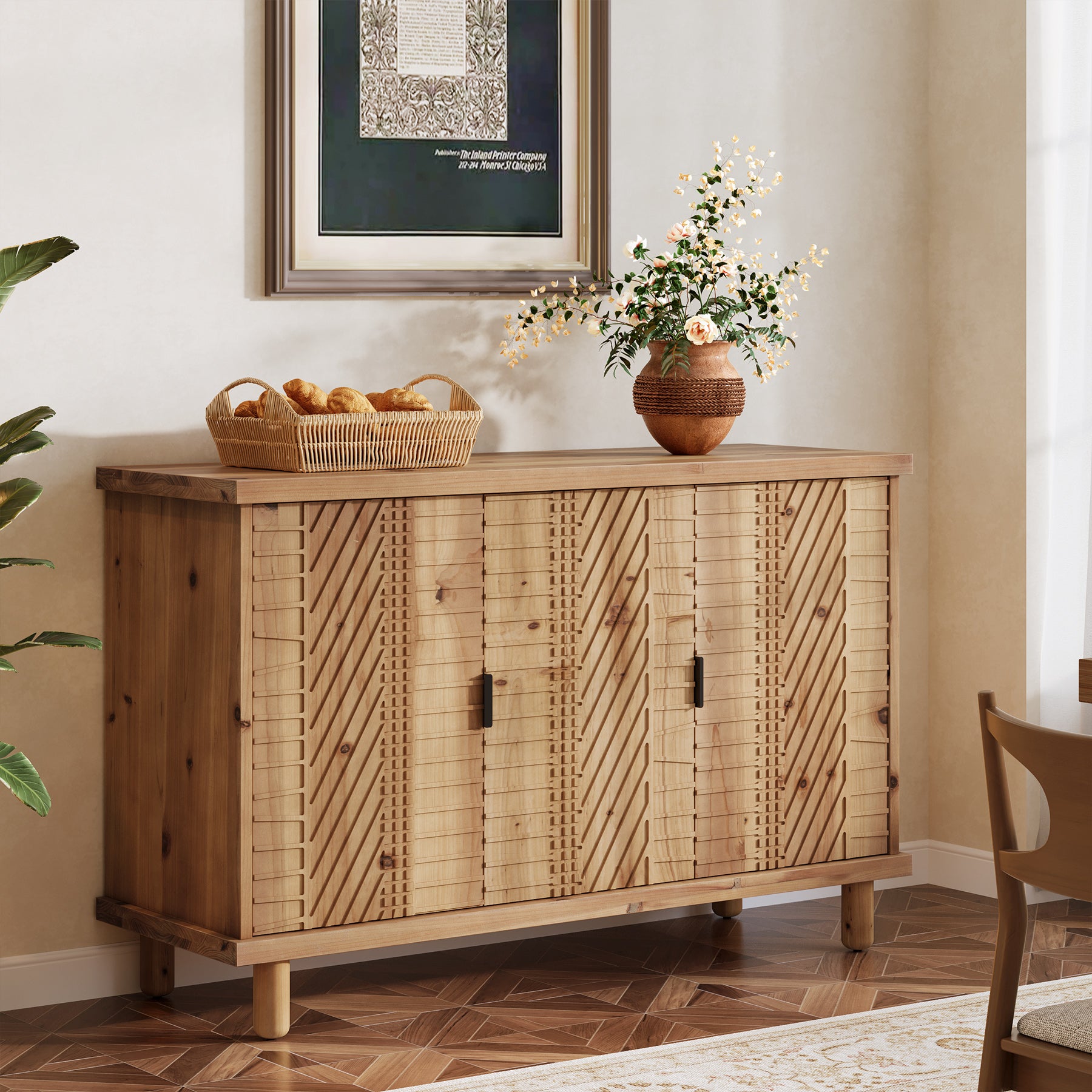 Wood Sideboard Buffet, Modern Kitchen Storage Cabinet with 2 Adjustable Shelves