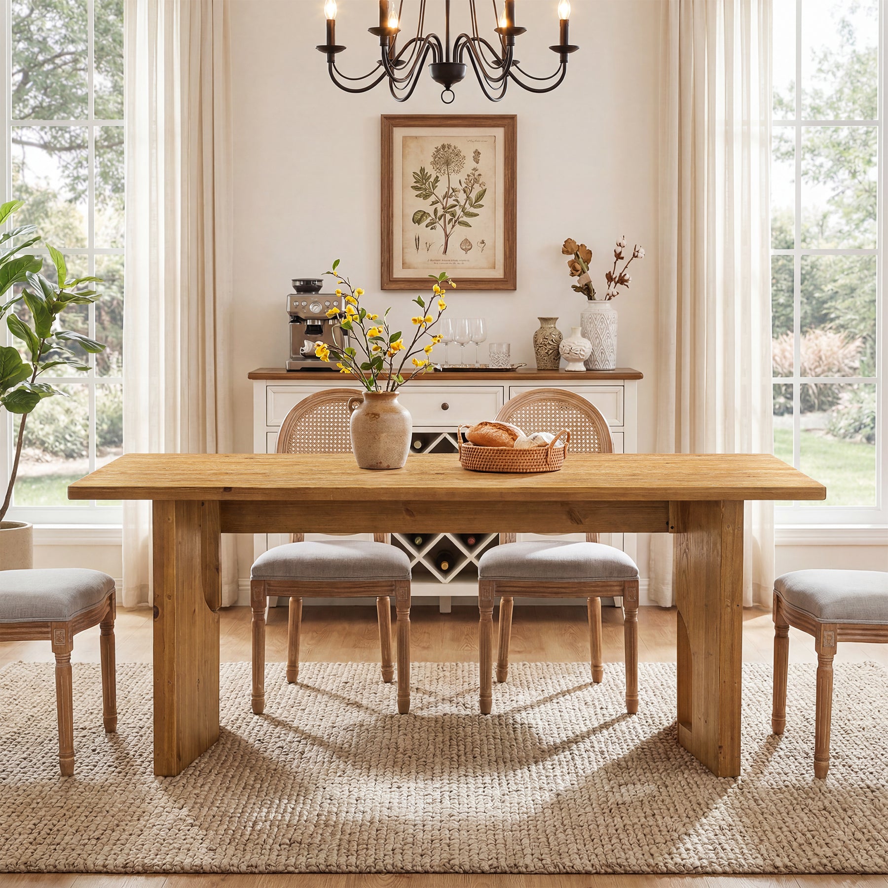 63" Solid Wood Dining Table for 4-6, Farmhouse Kitchen Table with Cutout Bases