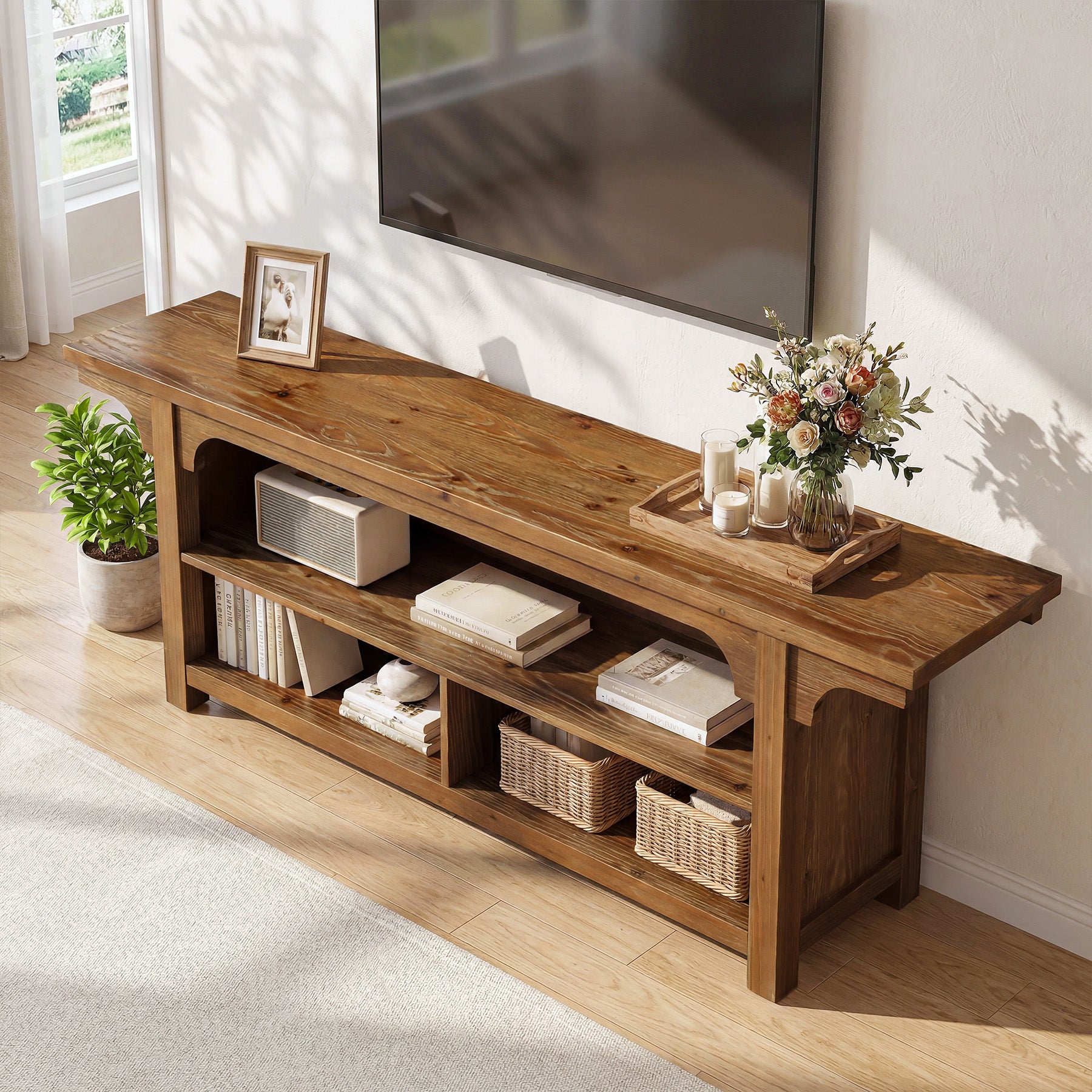 63" Solid Wood TV Stand for 55/65/70"TVs, Farmhouse Entertainment Center with 3 Storage