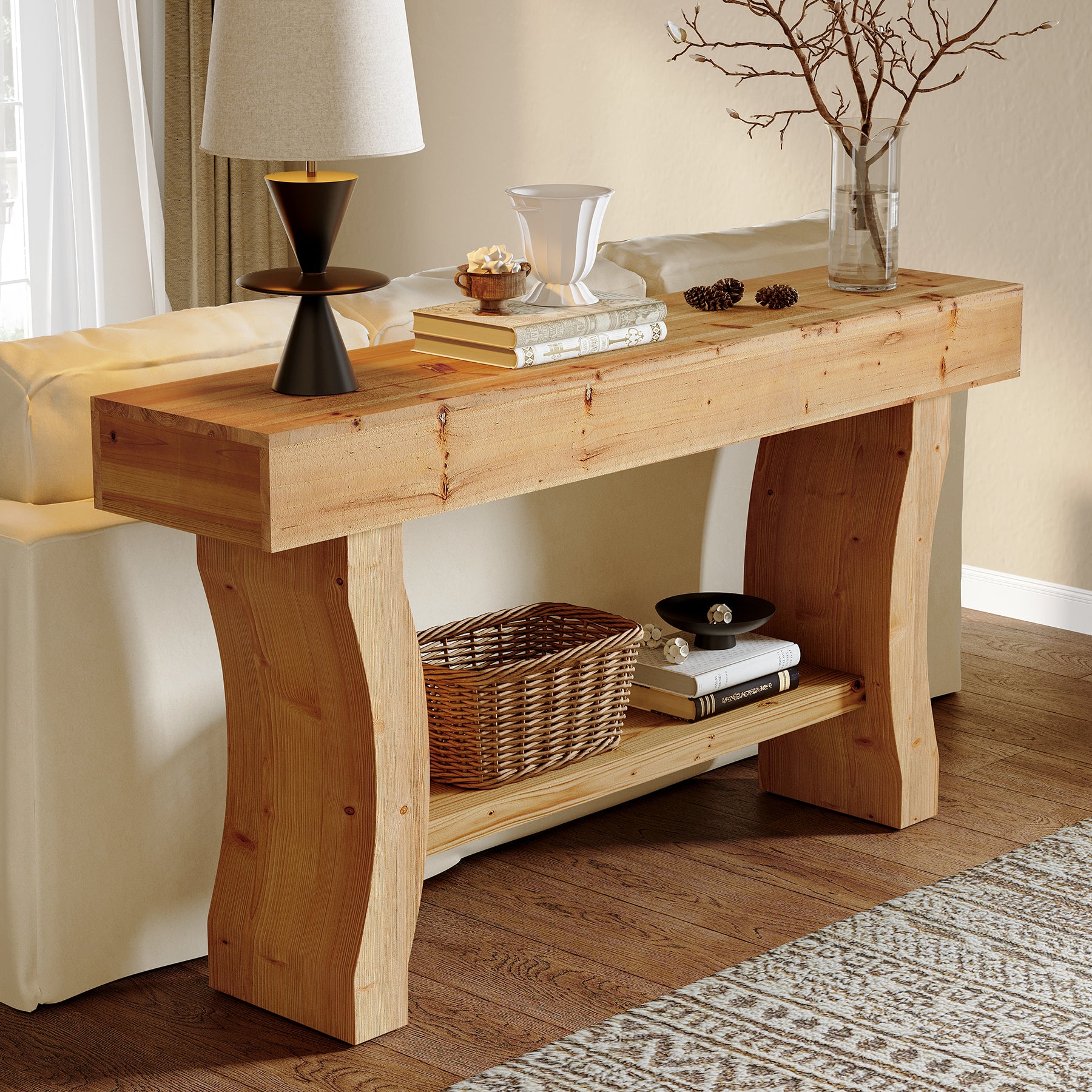 Solid Wood Console Table, 59" Sofa Table with Stable Curved Legs