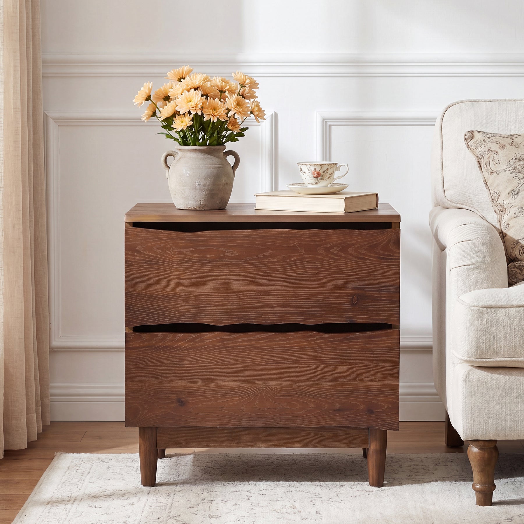 23.6" Solid Wood Nightstand, Mid-Century End Table with 2 Storage Drawers