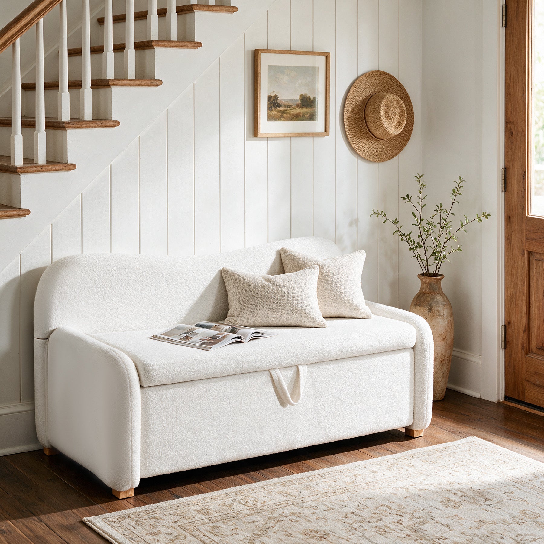 55" Faux Sheepskin Ottoman Bench, White Backrest Storage, End of Bed Bedroom