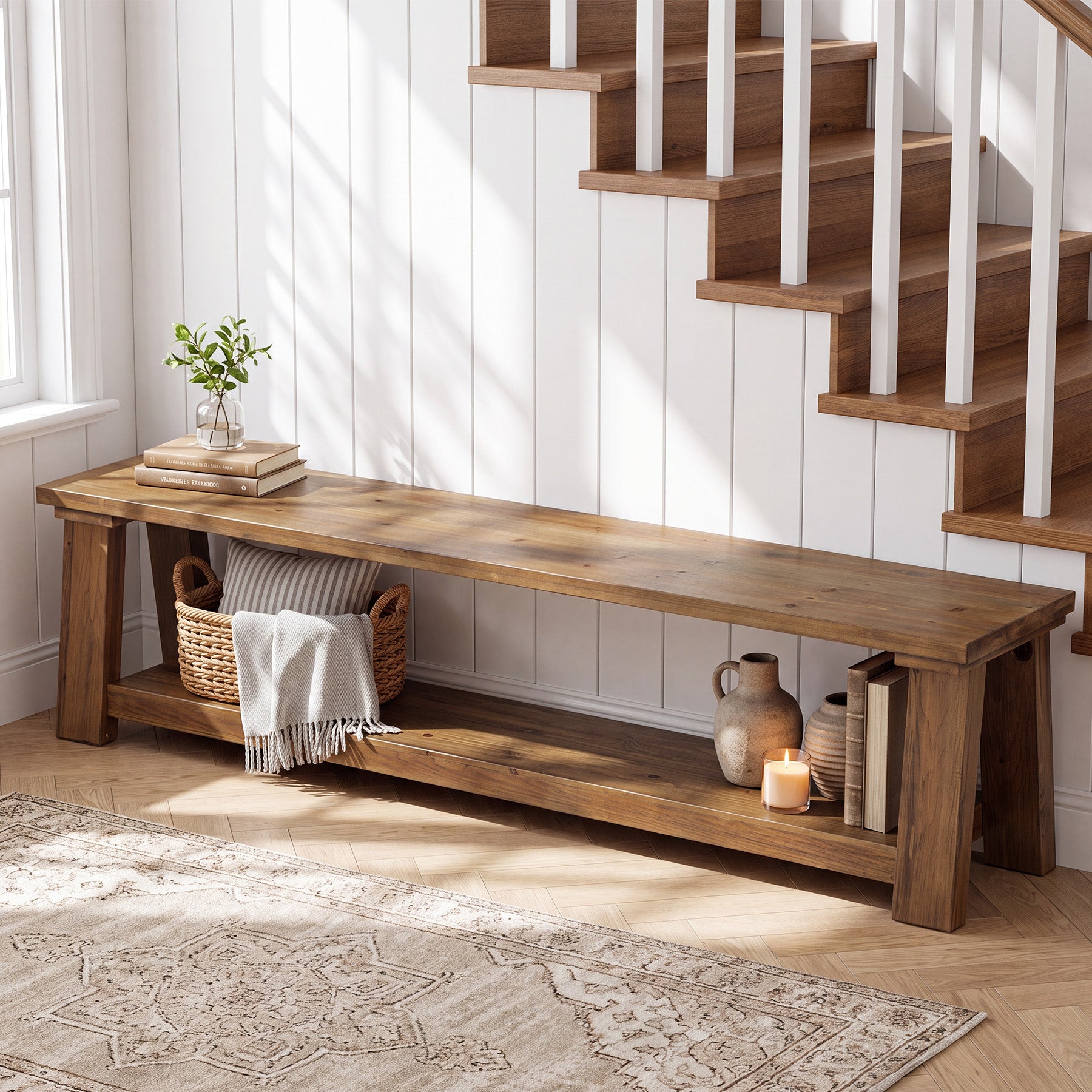 70.87" Solid Wood Entryway Bench, 2-Tier Shoe Bench with Storage Shelf for Hallway