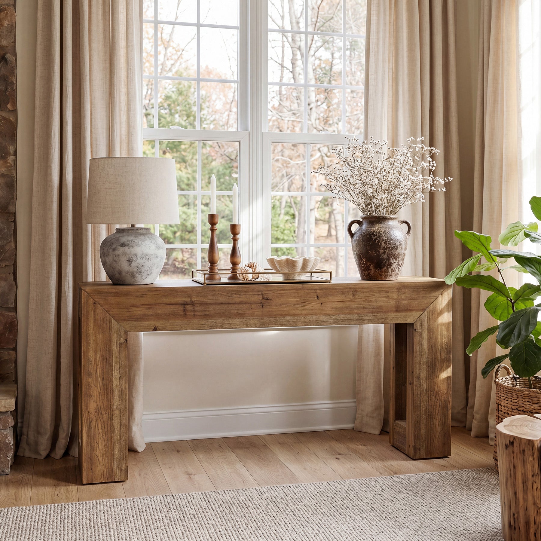 63-Inch Solid Wood Console Table with Geometric Frame, Natural Farmhouse Entryway Table