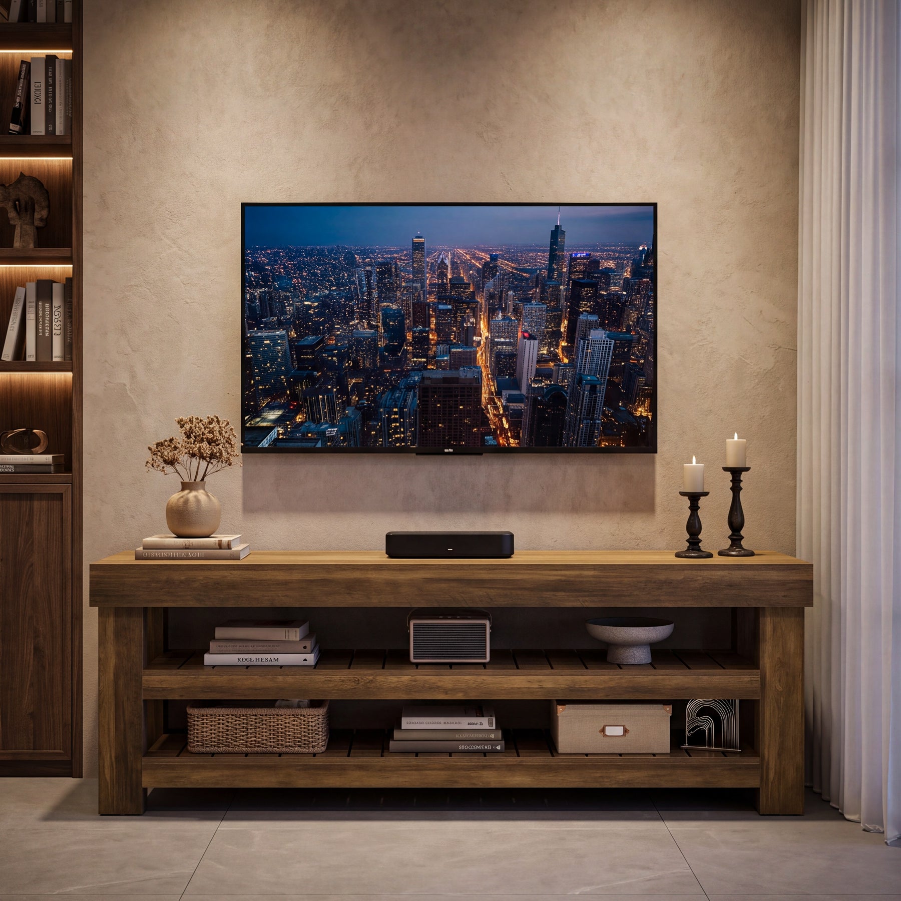 71" TV Stand for 85" TVs, Farmhouse Entertainment Center, 2-Tier Slatted Shelves