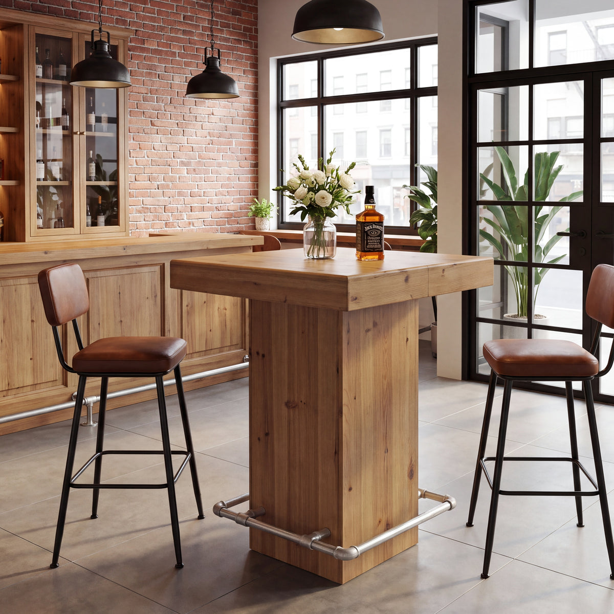 31.5" Square Solid Wood Bar Table, Industrial Counter Height Table with Metal Footrest