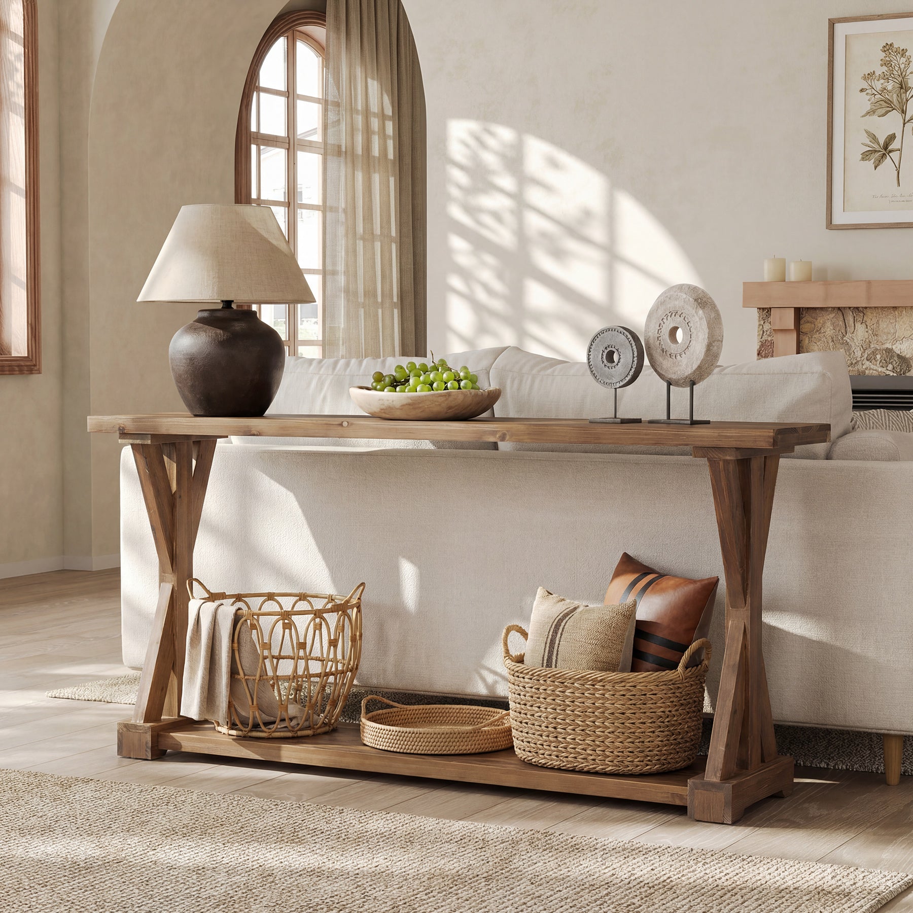 63" Narrow Console Table, Farmhouse Solid Wood Entryway Table with 2-Tier Storage