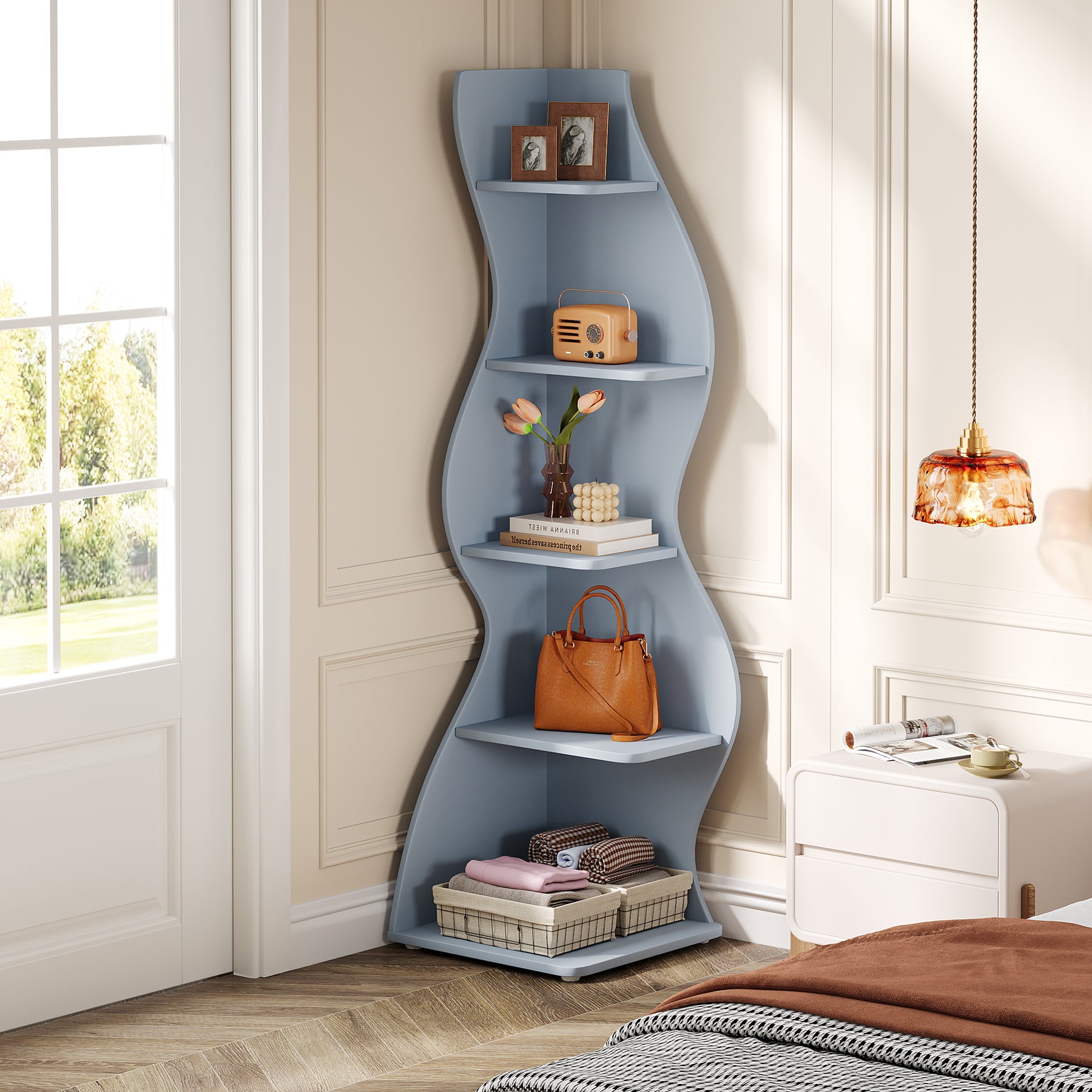 5-Tier Corner Bookcase, Rustic Freestanding Corner Shelf for Small Spaces
