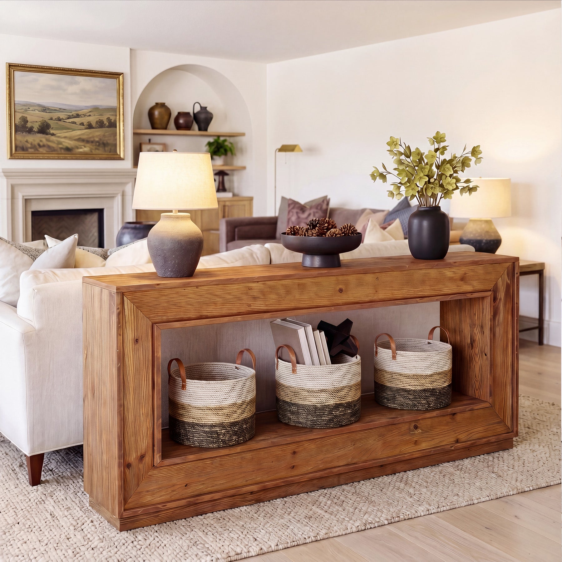 63" Solid Wood Console Table, Farmhouse Entryway Table with Storage for Living Room