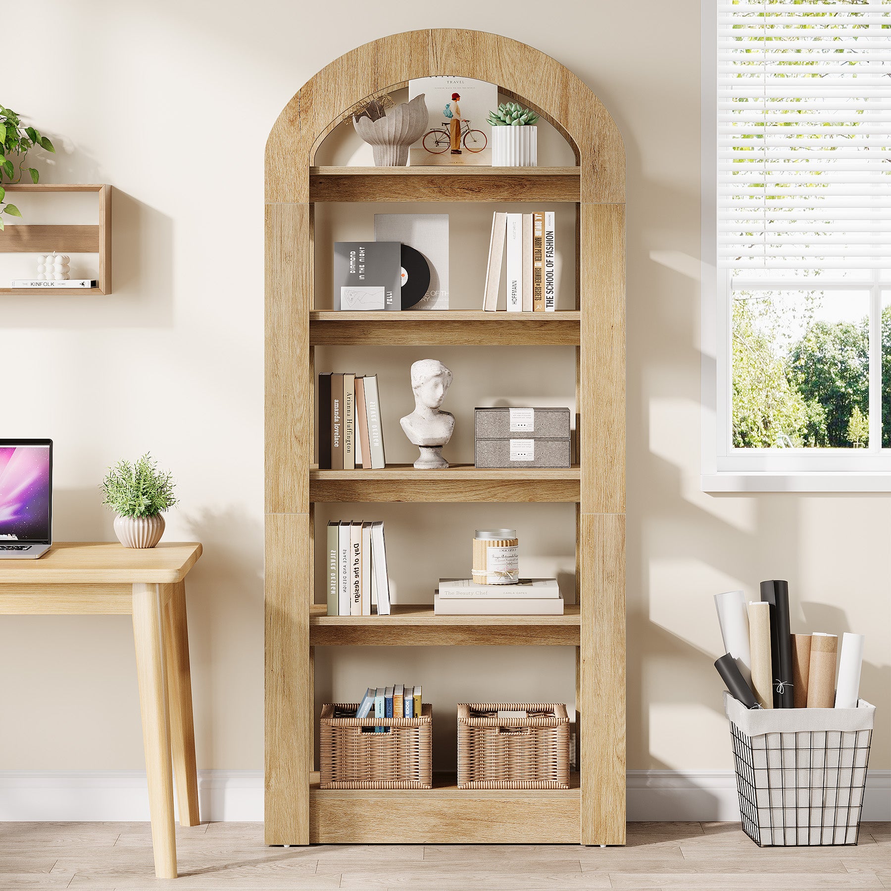 5-Tier Wooden Bookshelf with Arched Top - Thumbnail 5