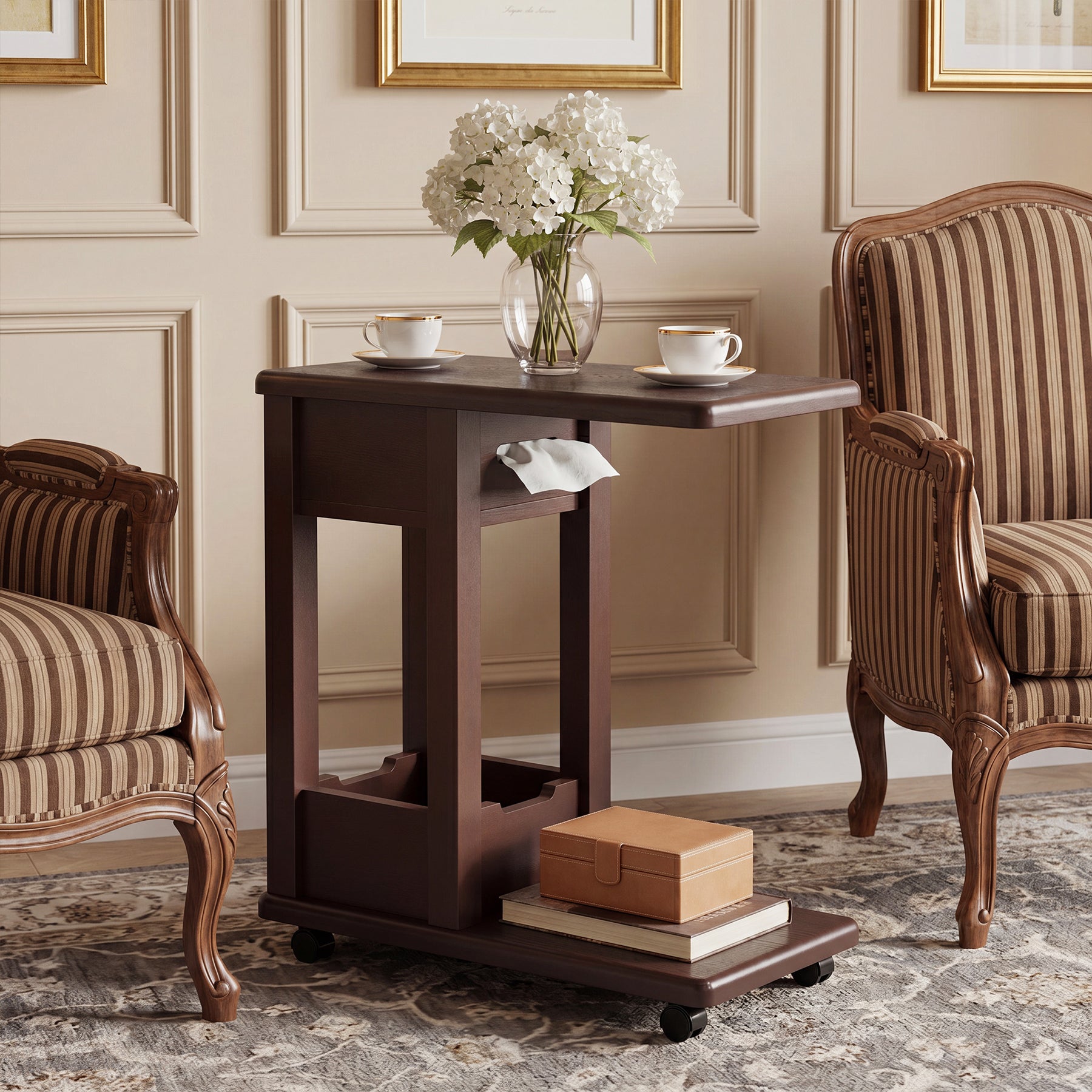 C-Shaped Side Table, 2-Tier Rolling Sofa End Table with Swivel & Lockable Casters