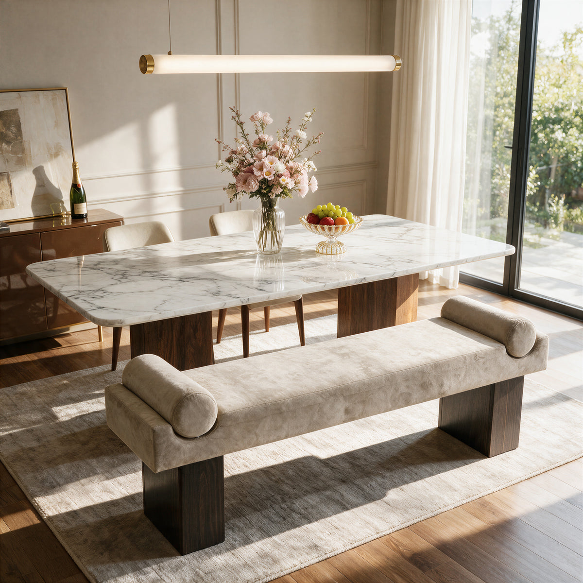 55.3" Upholstered Dining Bench, Modern Kitchen Bench with Roll Arms