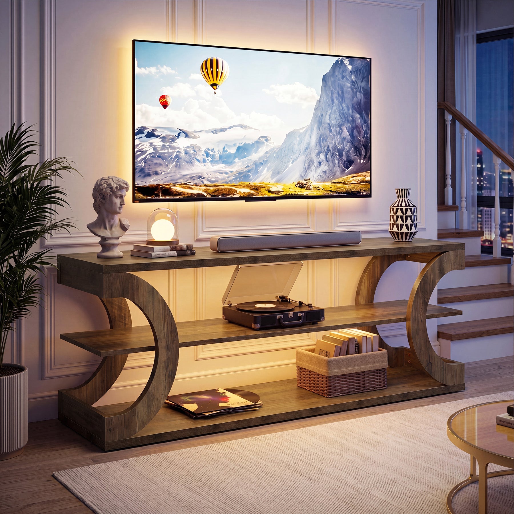 63" TV Stand for TVs up to 70", Farmhouse Entertainment Center with Shelves for Living Room
