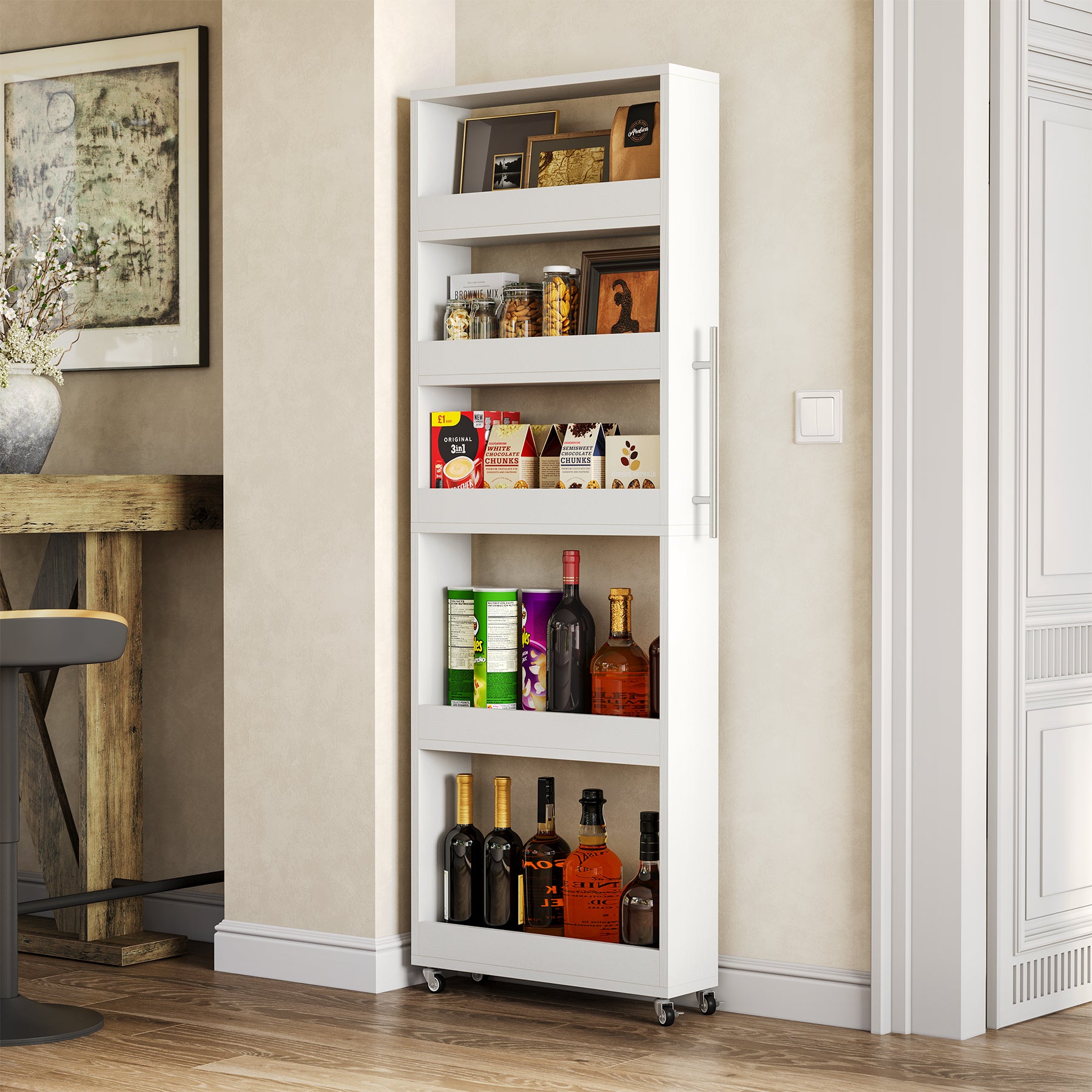 63" Utility Cart on Wheels, 5-Tier Narrow Mobile Shelf Organizer