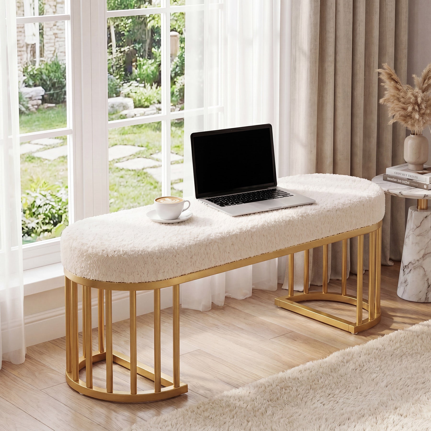 47.24" Upholstered Shoe Bench, Modern Entryway Bench with Sherpa Fabric Seat and Metal Frame