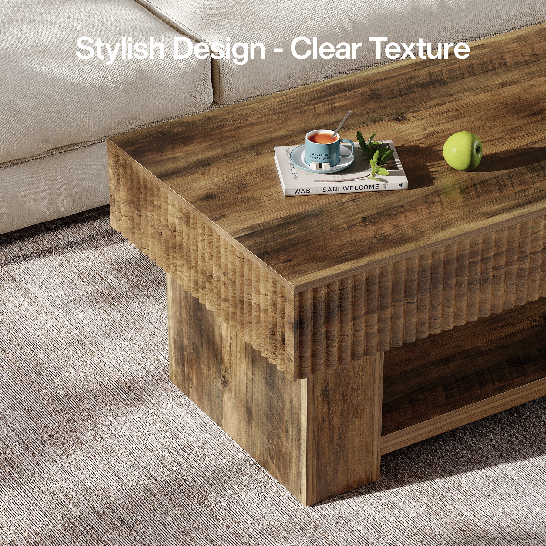 Farmhouse Coffee Table with Storage, 47" Center Table with Fluted Panel