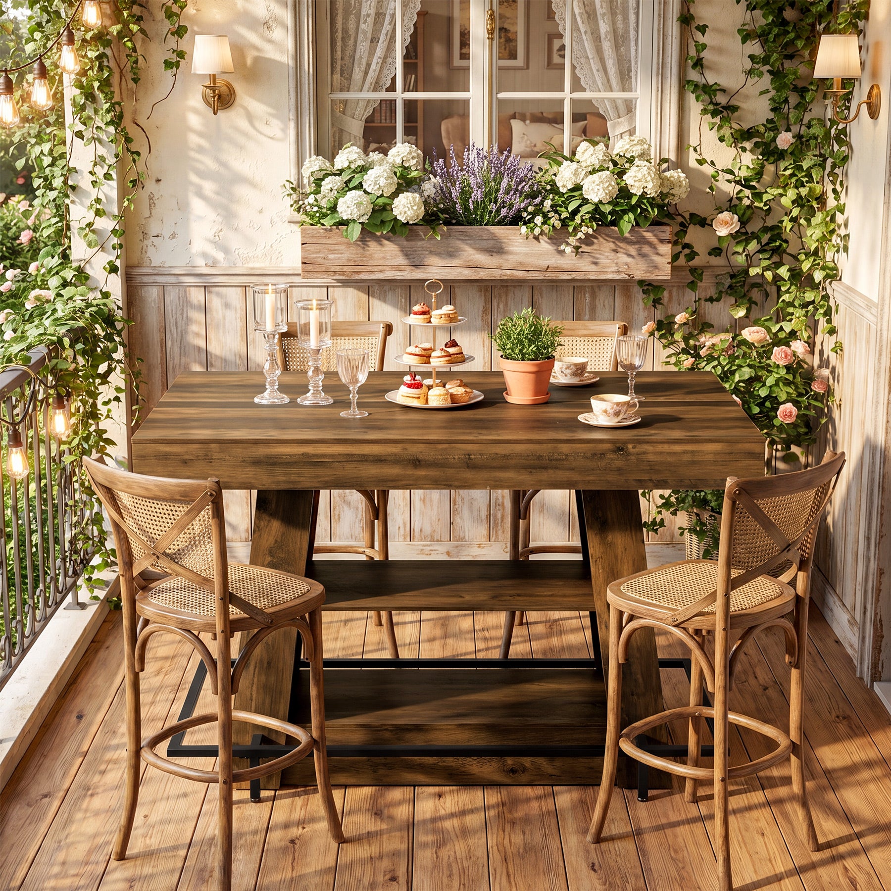 47.2" Rectangular Bar Table, Counter Height Bistro Table with 2-Tier Open Storage Shelves